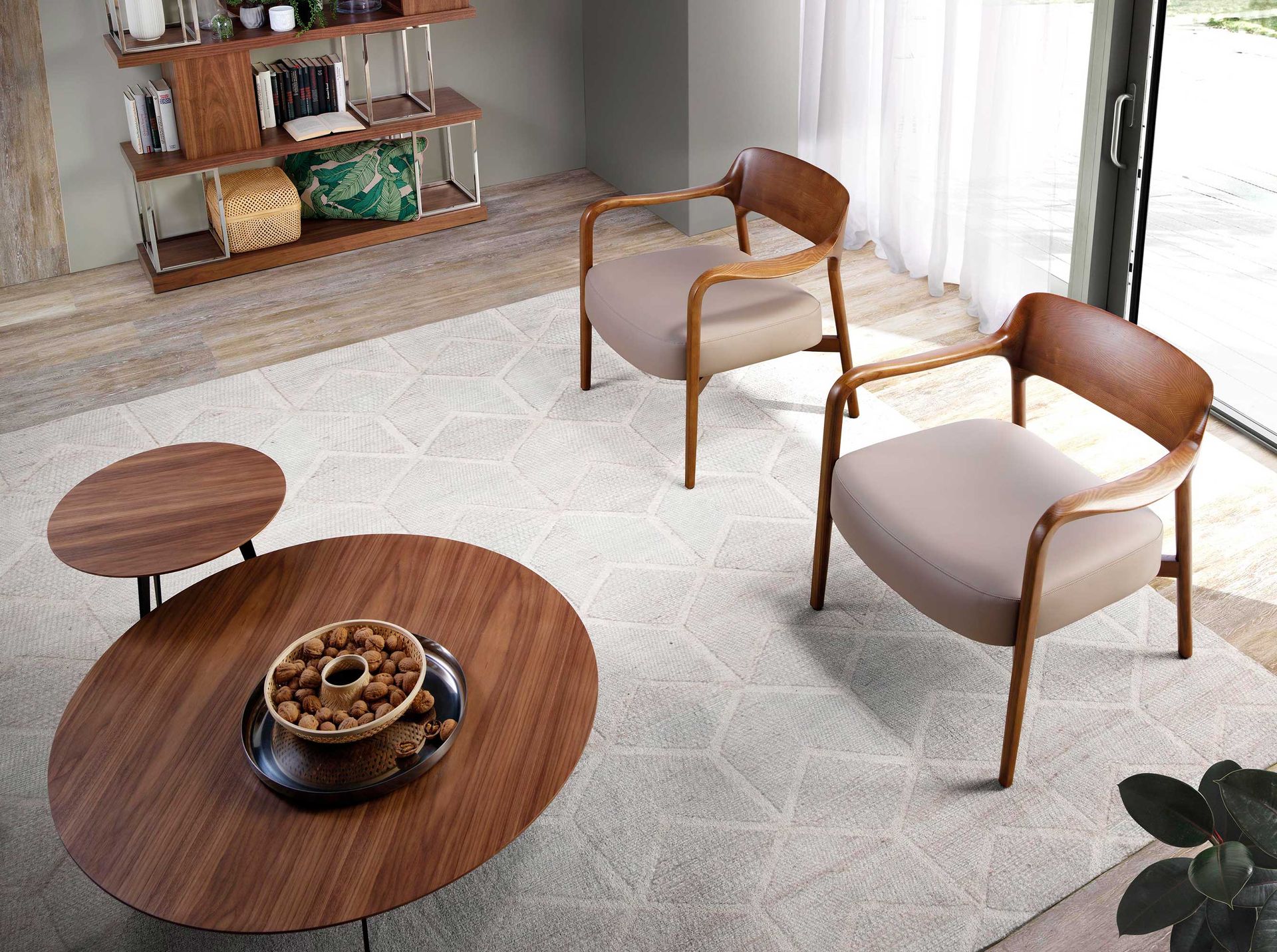 Walnut and mink leatherette armchair