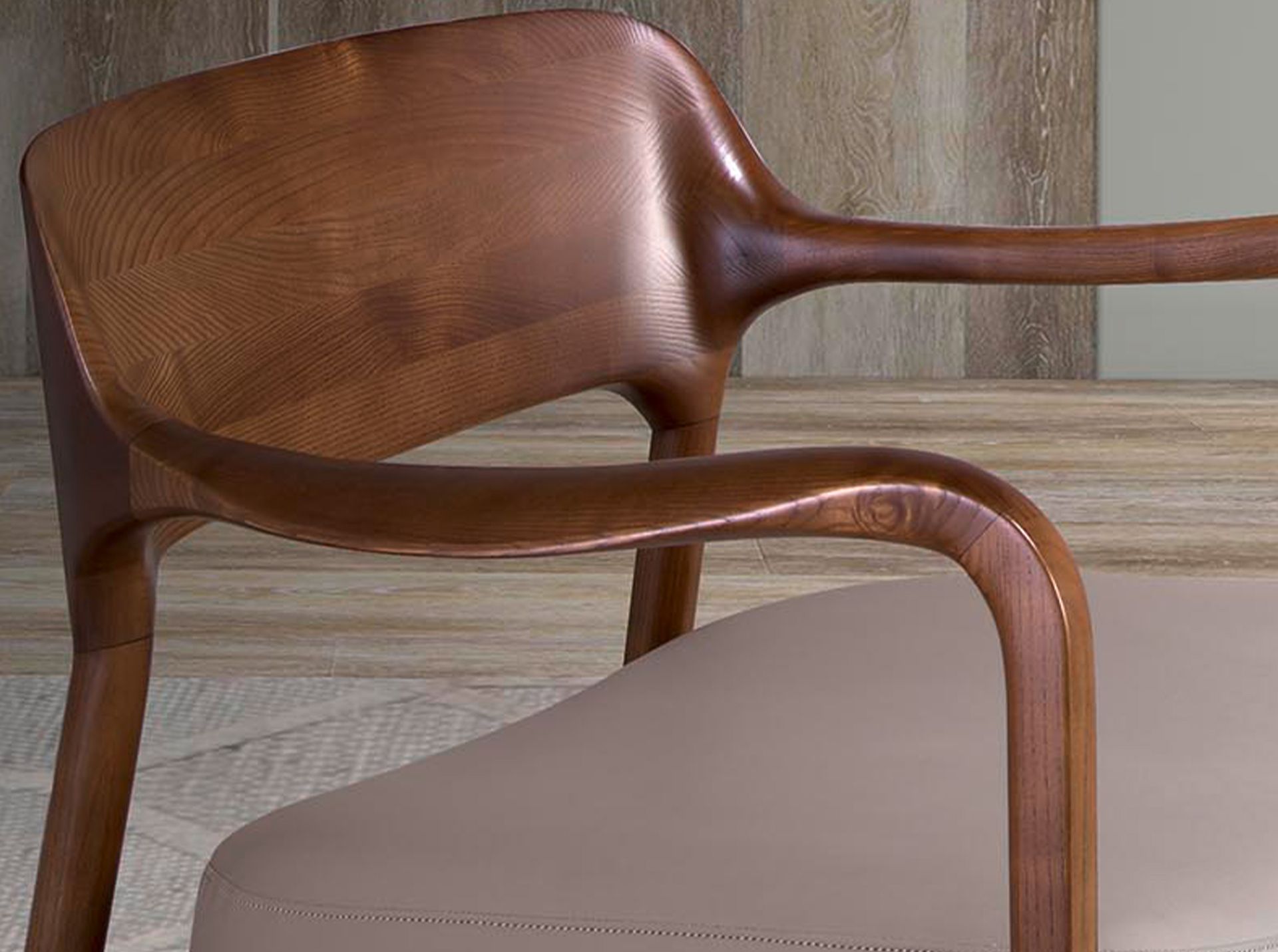 Walnut and mink leatherette armchair