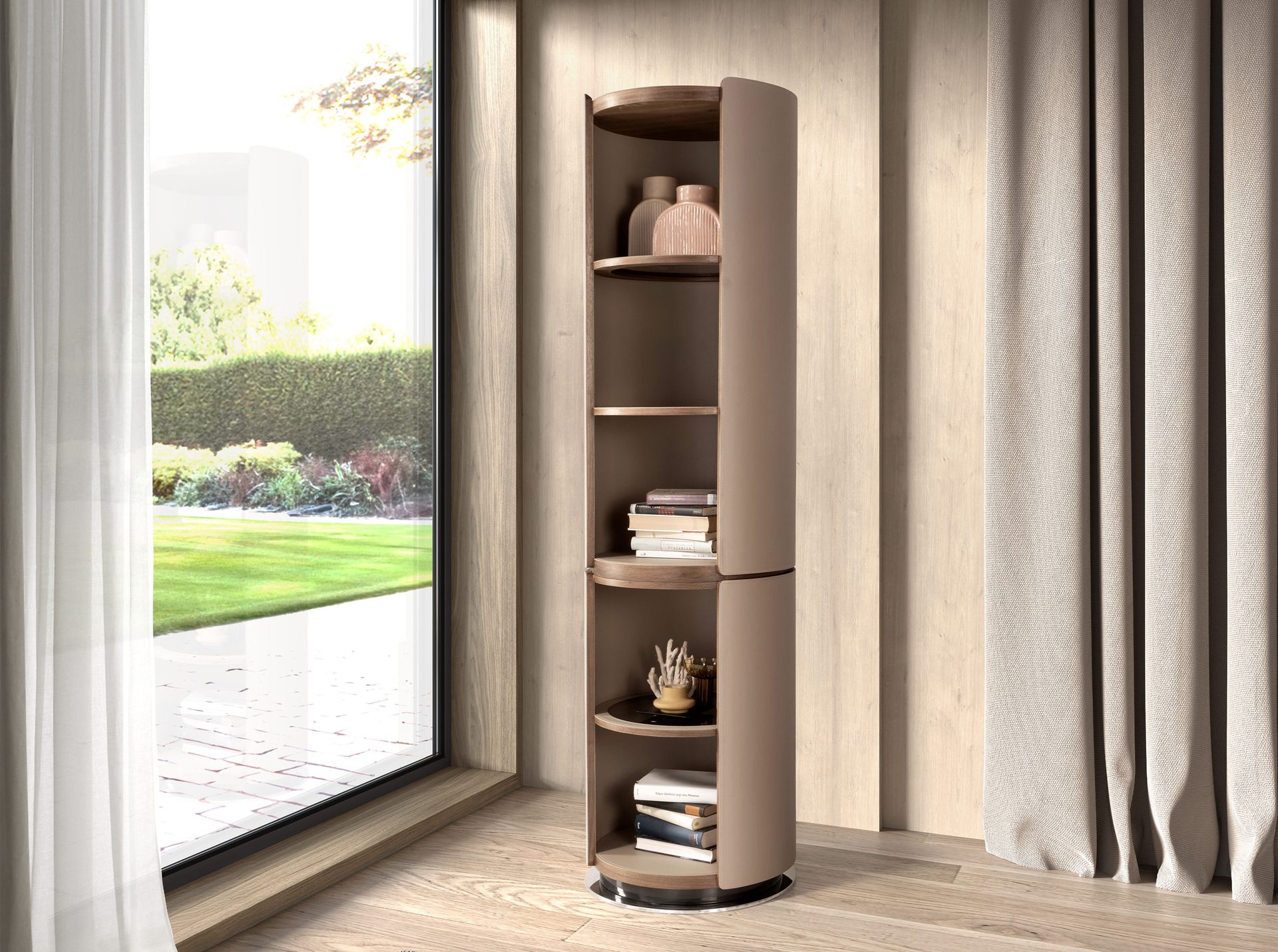 Walnut and mink leatherette shelf