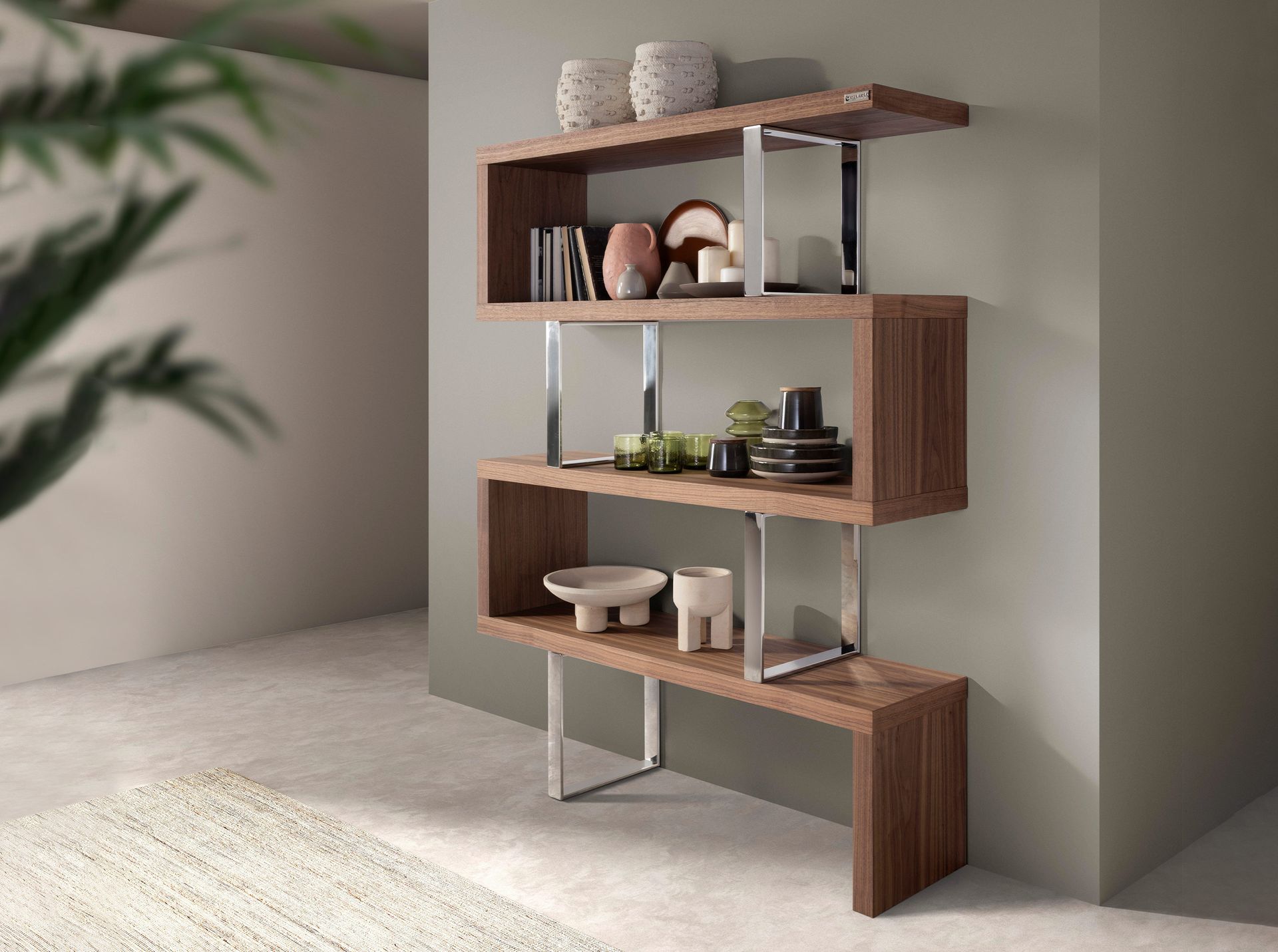 Walnut and steel shelving