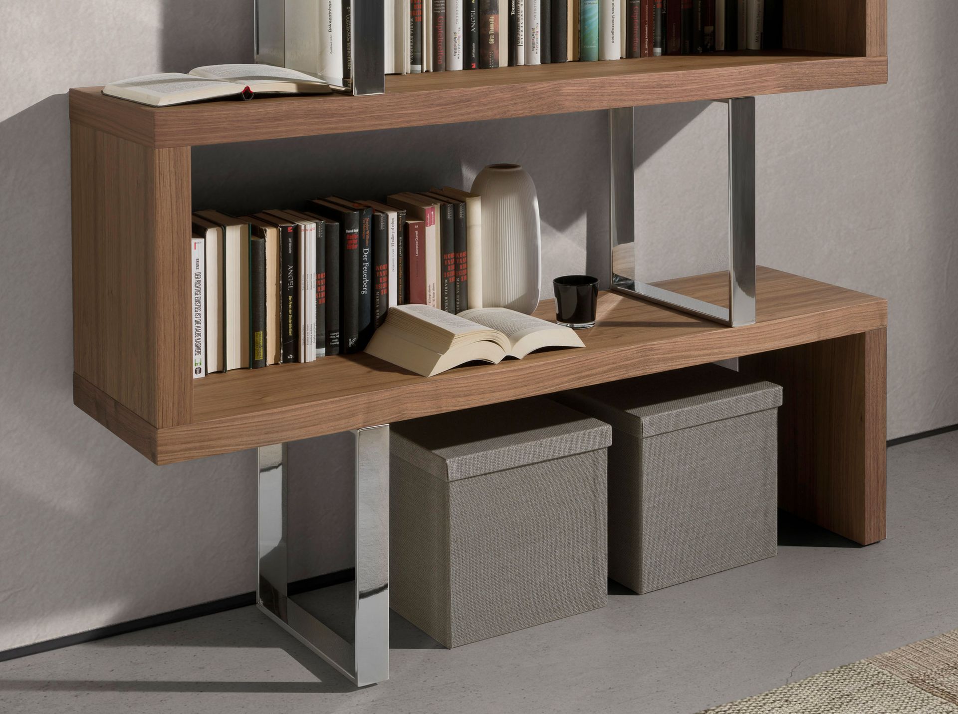 Walnut and steel shelving