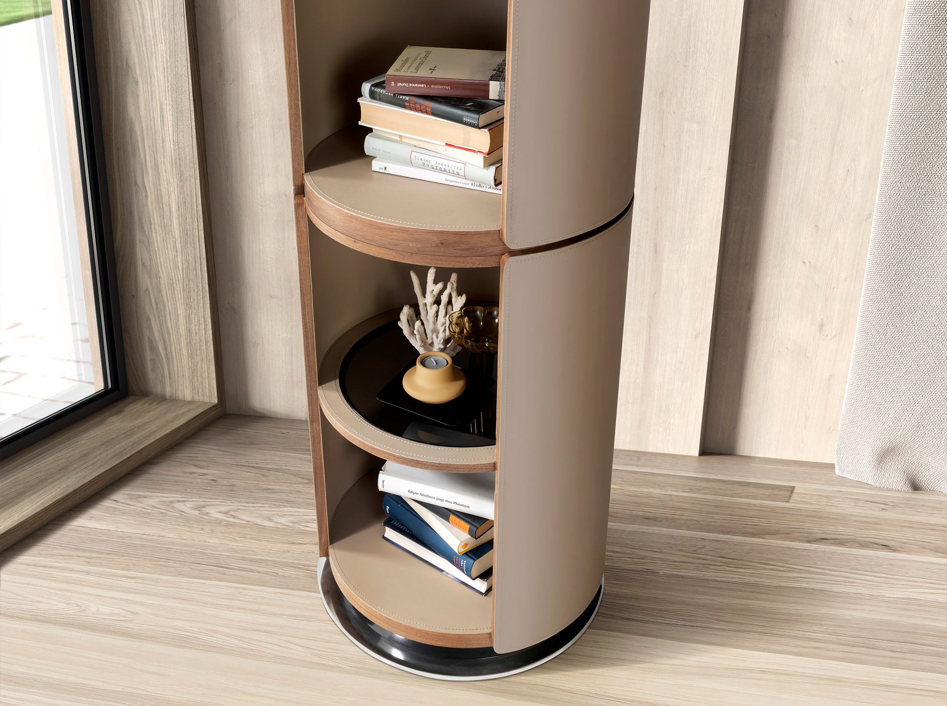Walnut and mink leatherette shelf