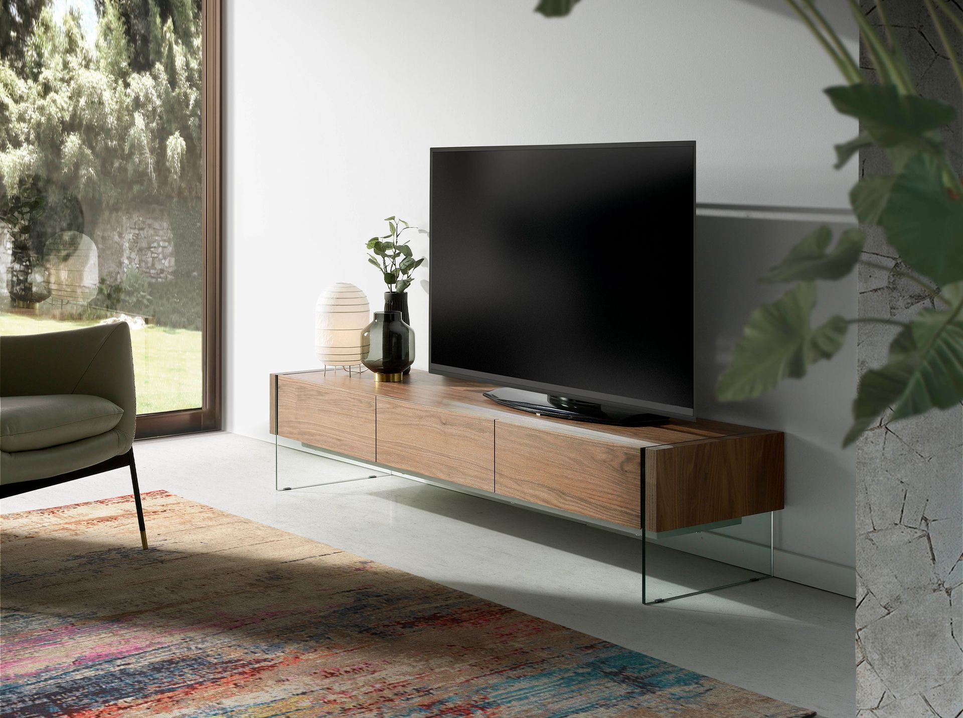 Walnut and tempered glass TV stand
