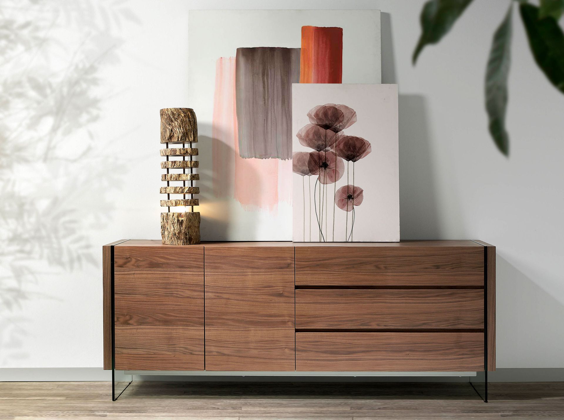 Walnut and tempered glass sideboard
