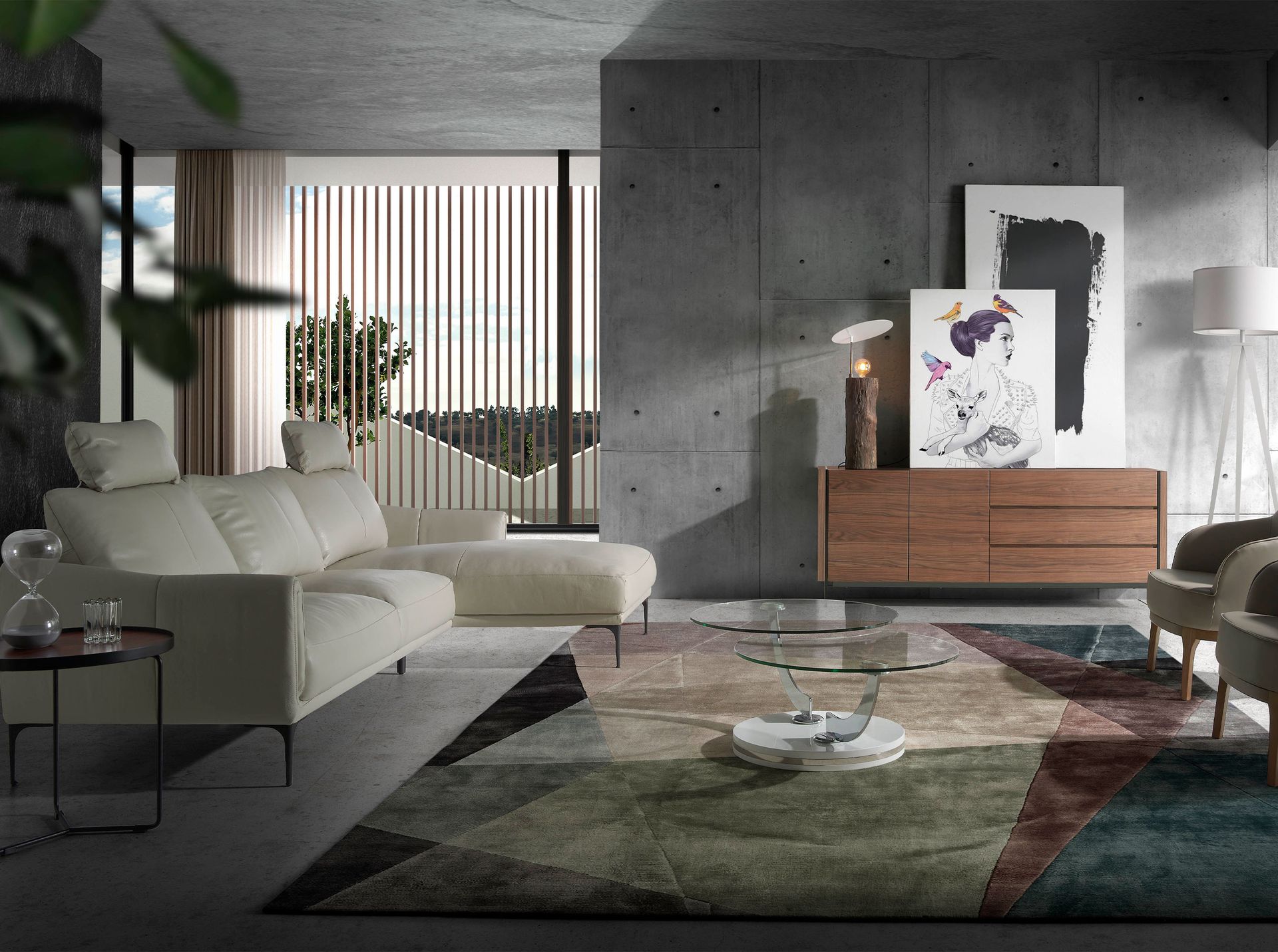 Walnut and tempered glass sideboard