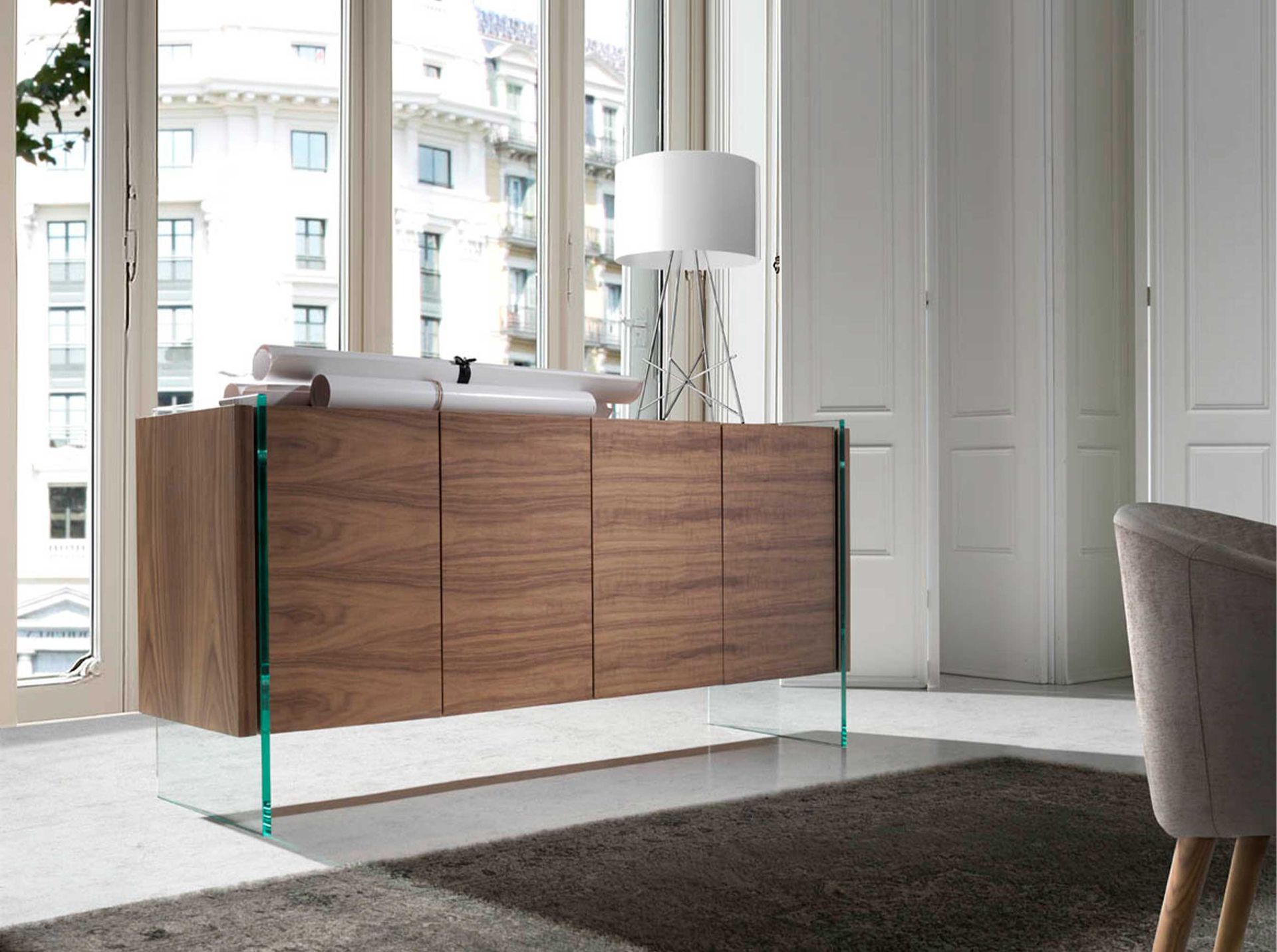 Walnut and tempered glass sideboard