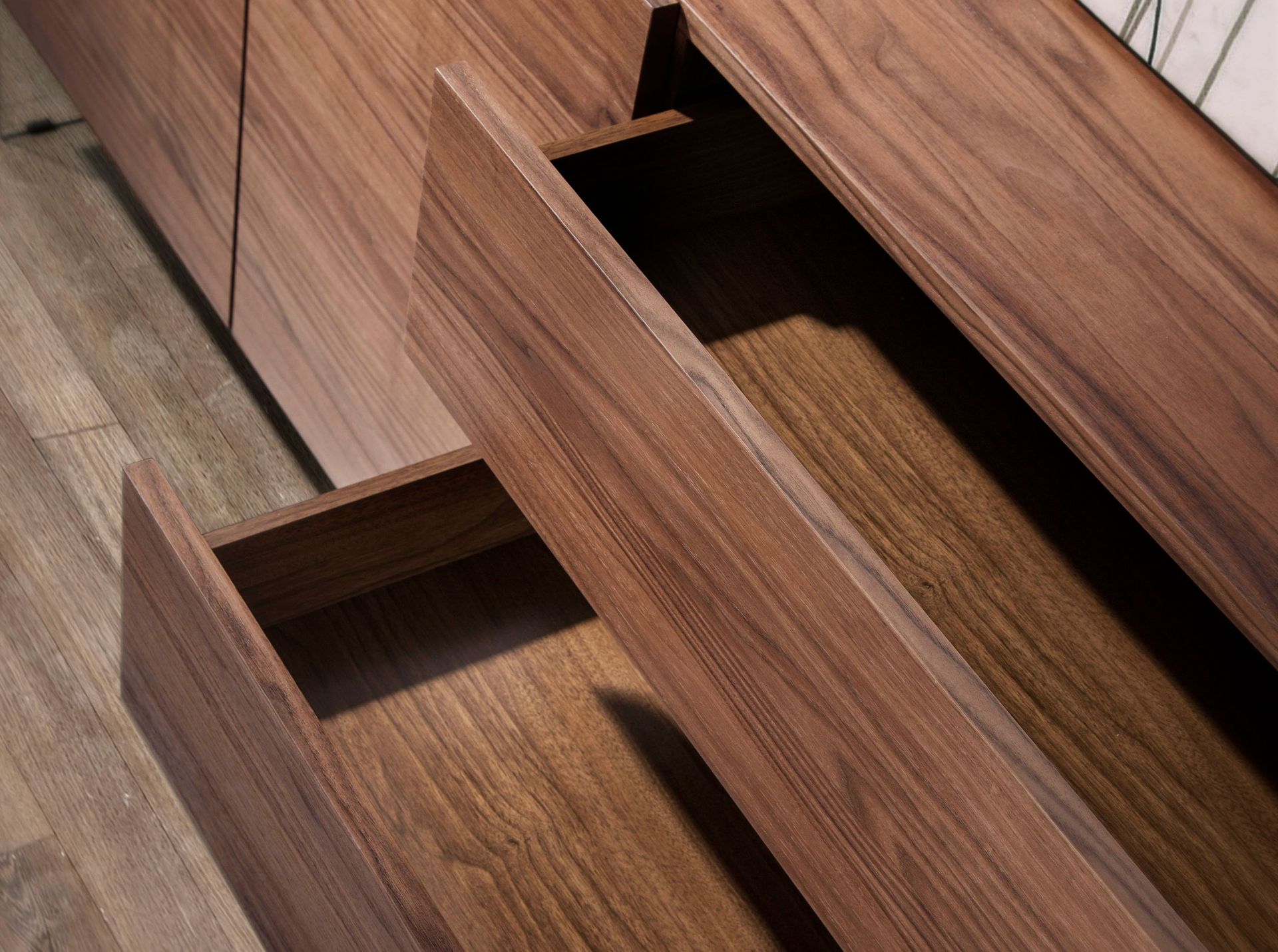 Walnut and tempered glass sideboard
