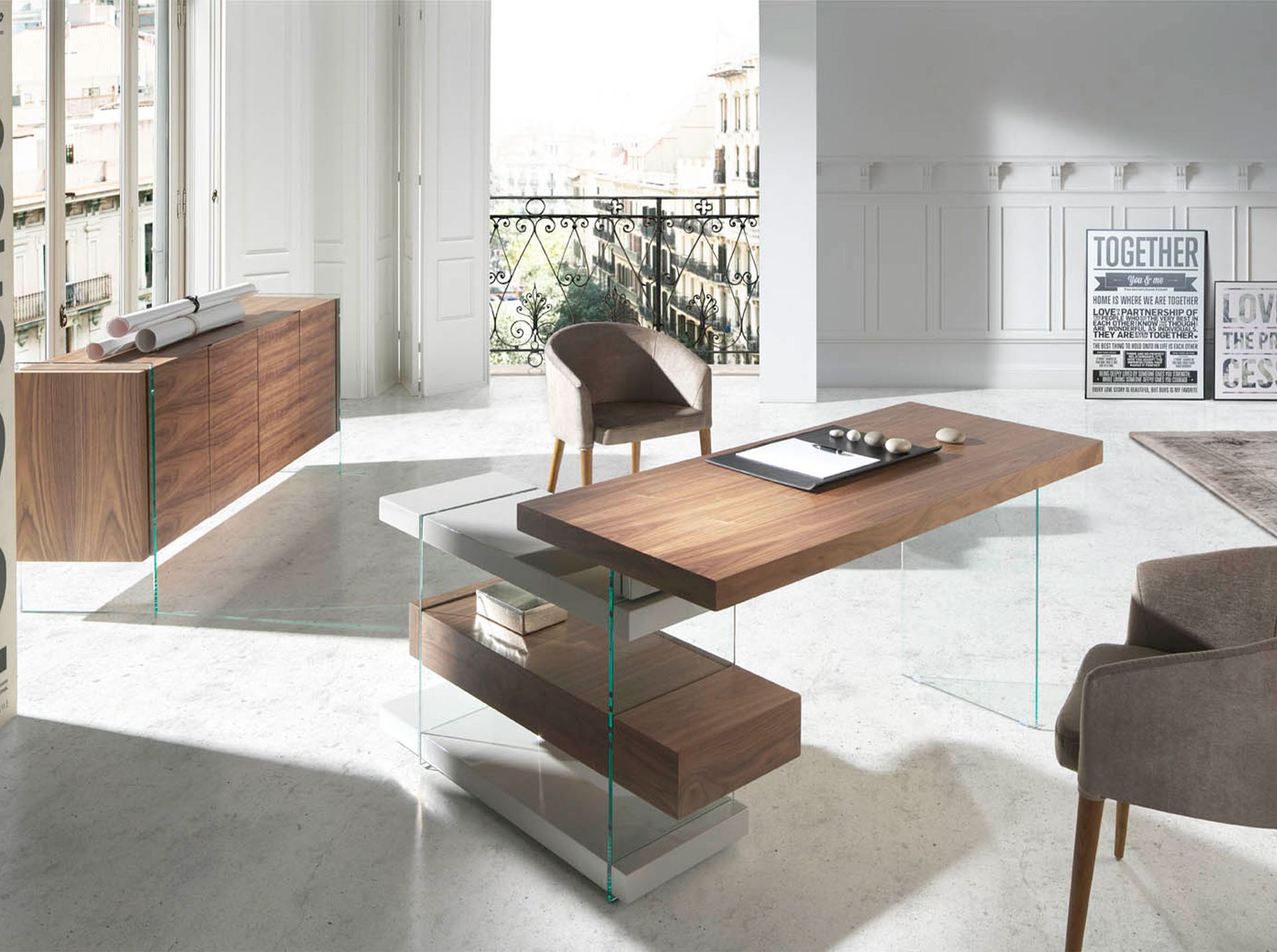 Walnut and tempered glass sideboard