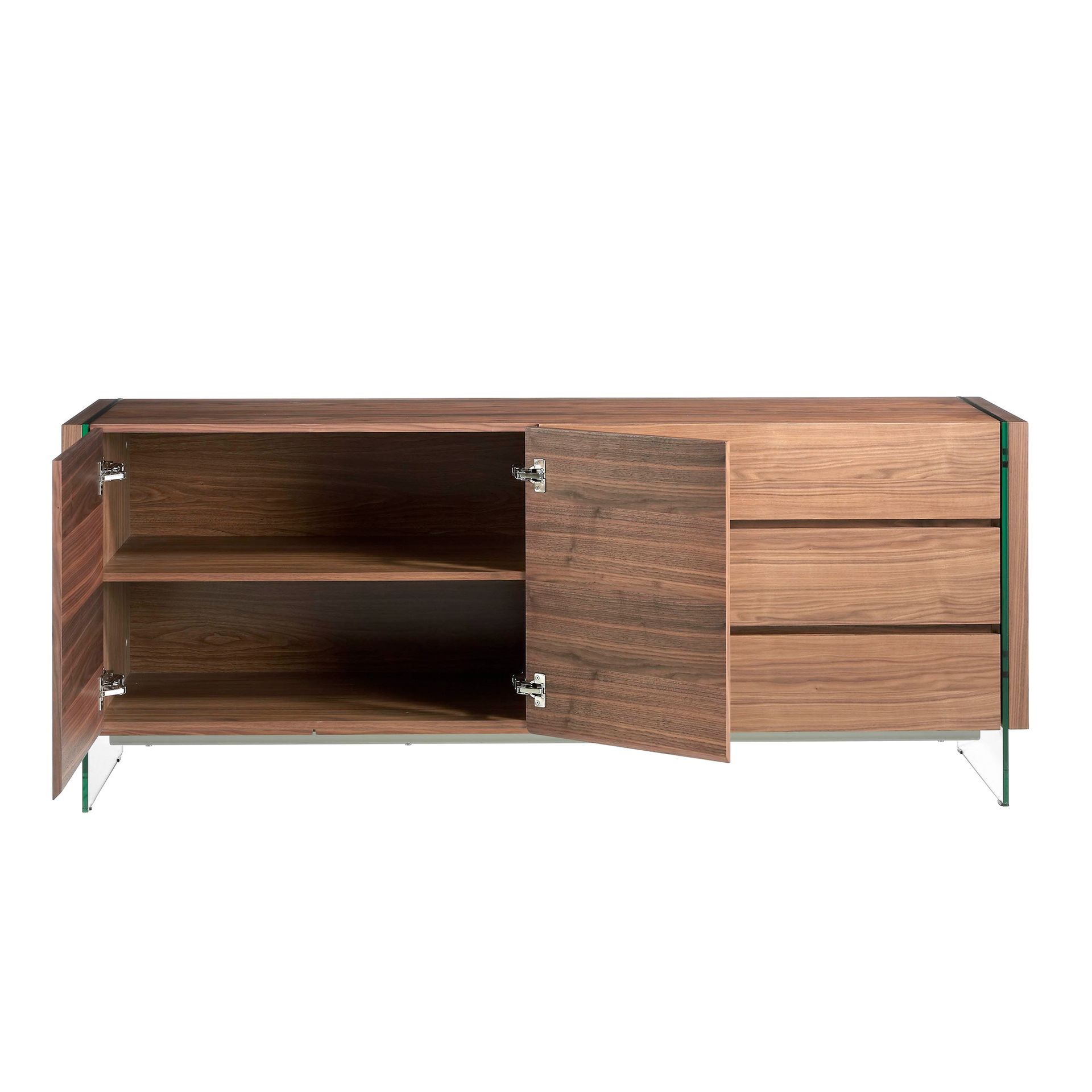 Walnut and tempered glass sideboard