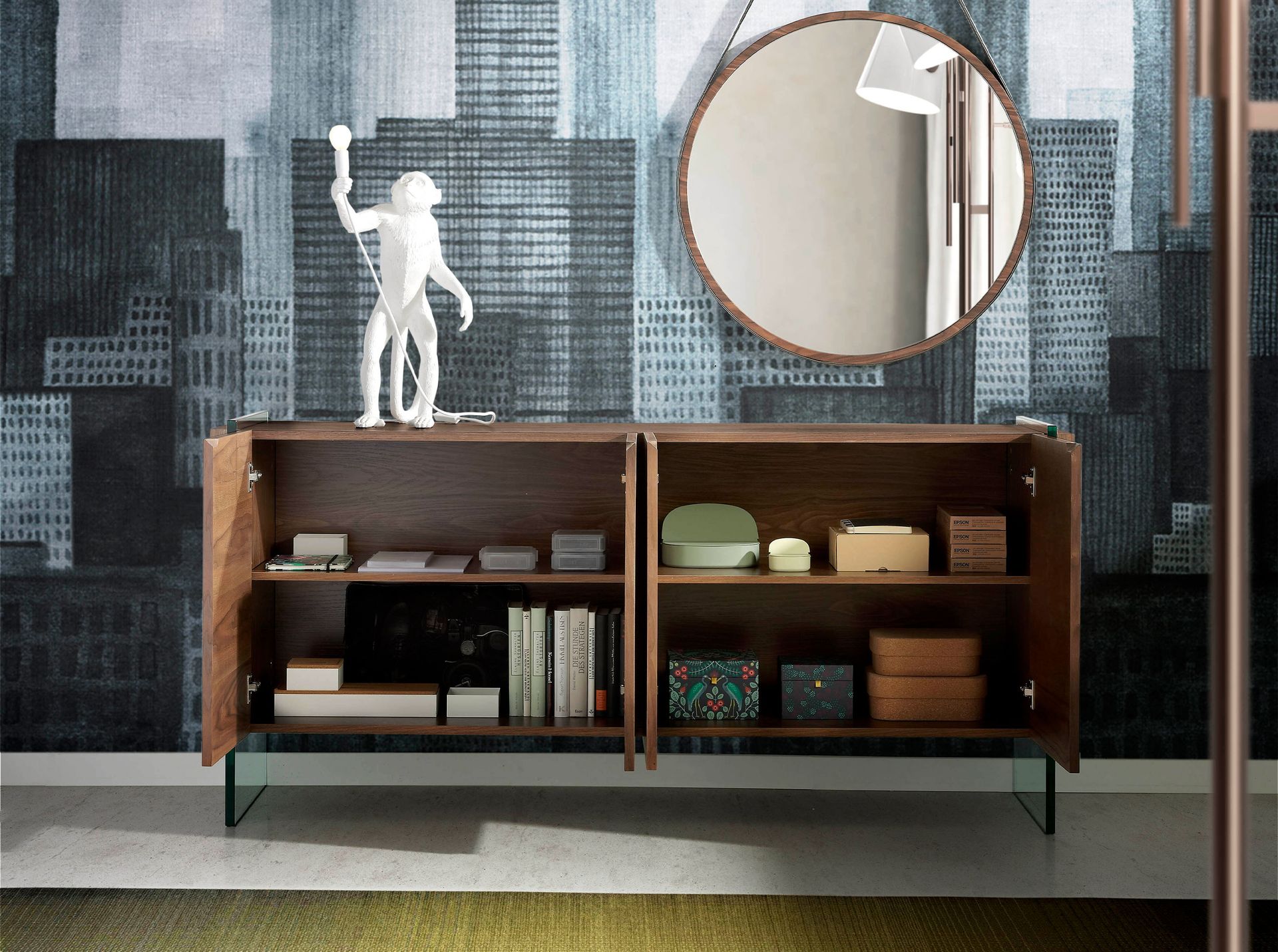 Walnut and tempered glass sideboard