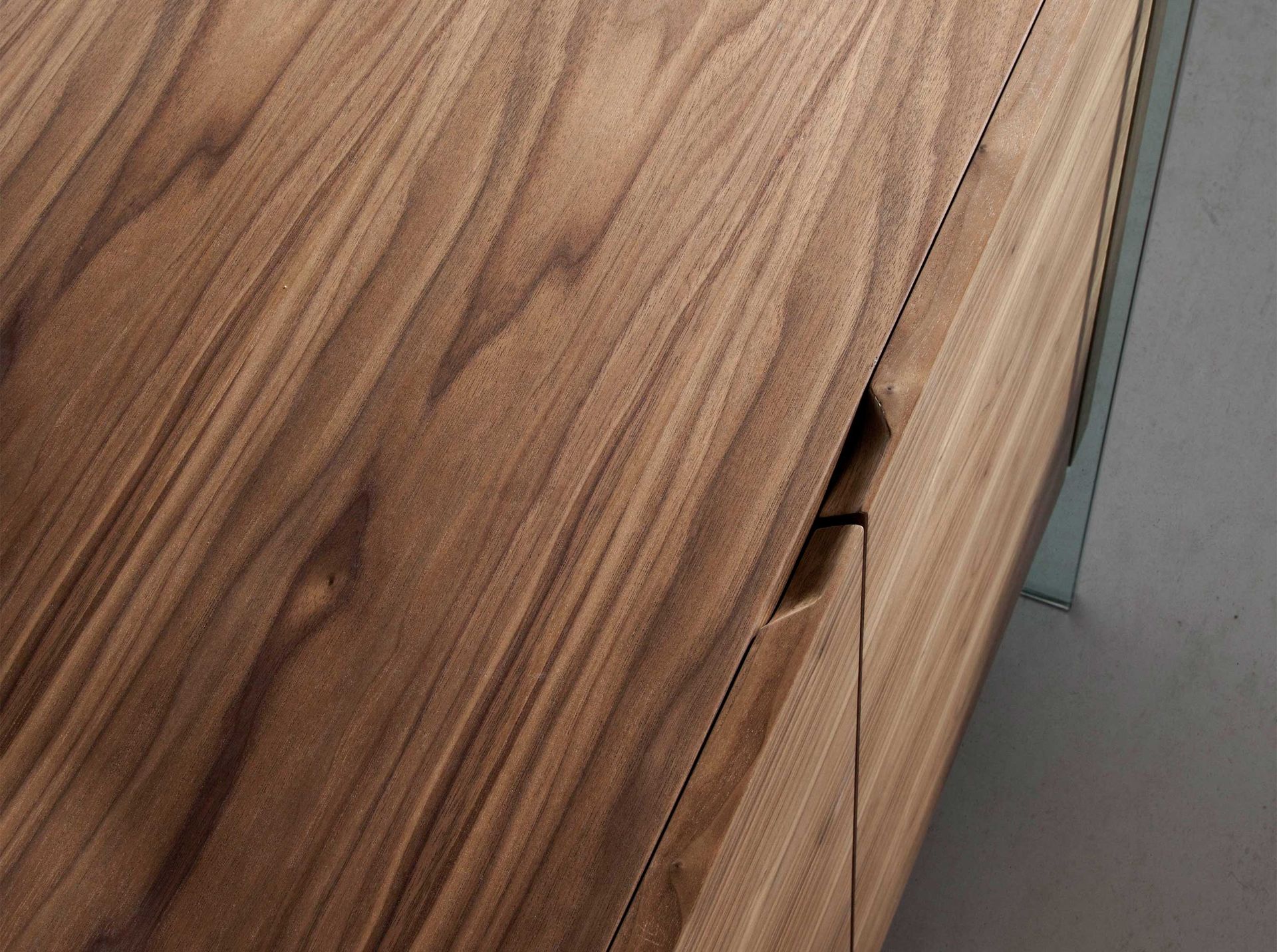Walnut and tempered glass sideboard