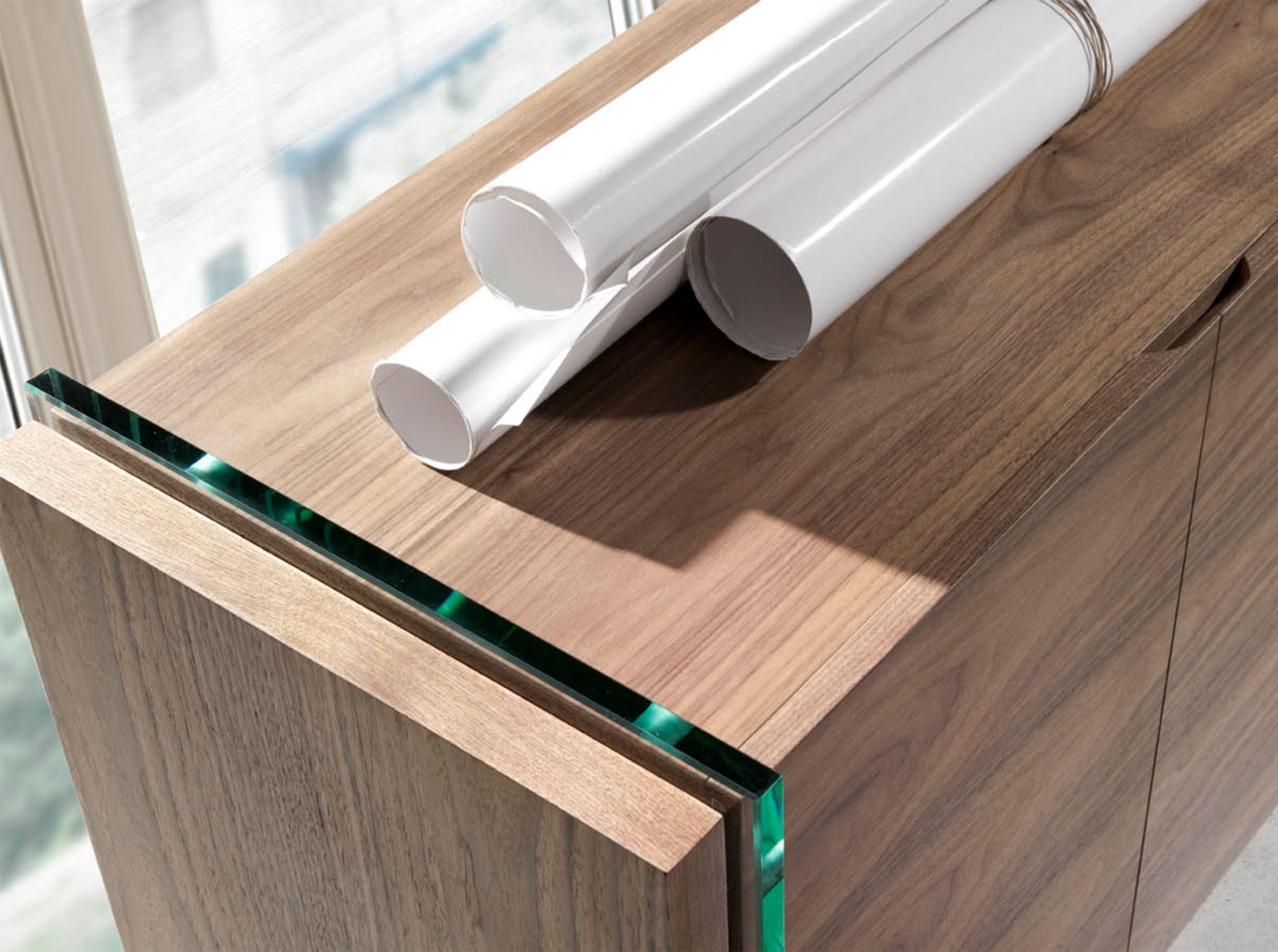 Walnut and tempered glass sideboard
