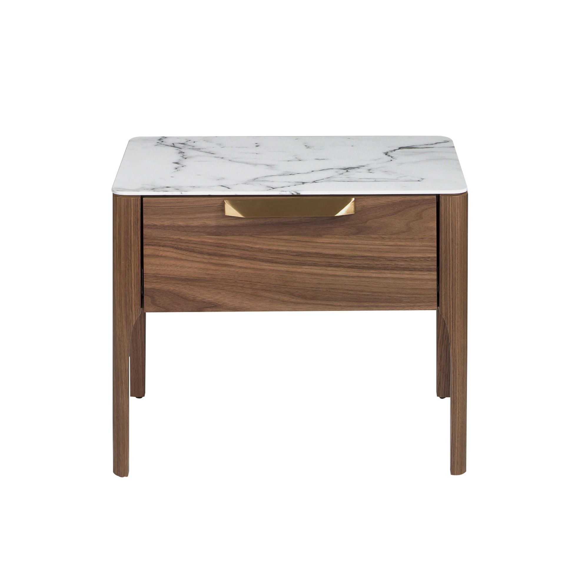 Walnut bedside table with imitation marble glass top and interior lighting