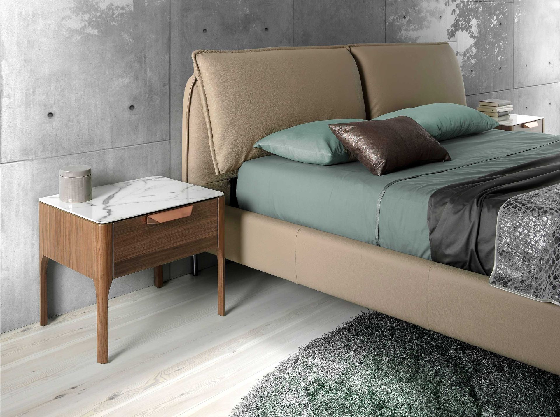 Walnut bedside table with imitation marble glass top and interior lighting