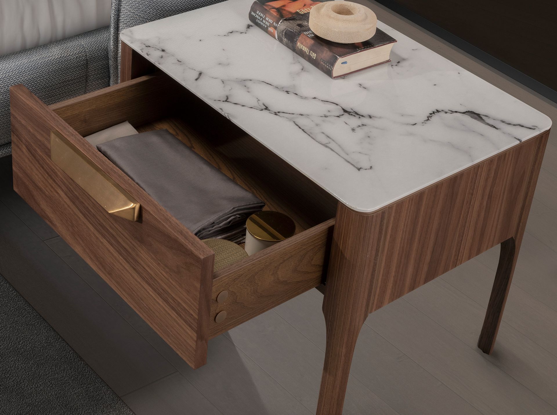 Walnut bedside table with imitation marble glass top and interior lighting