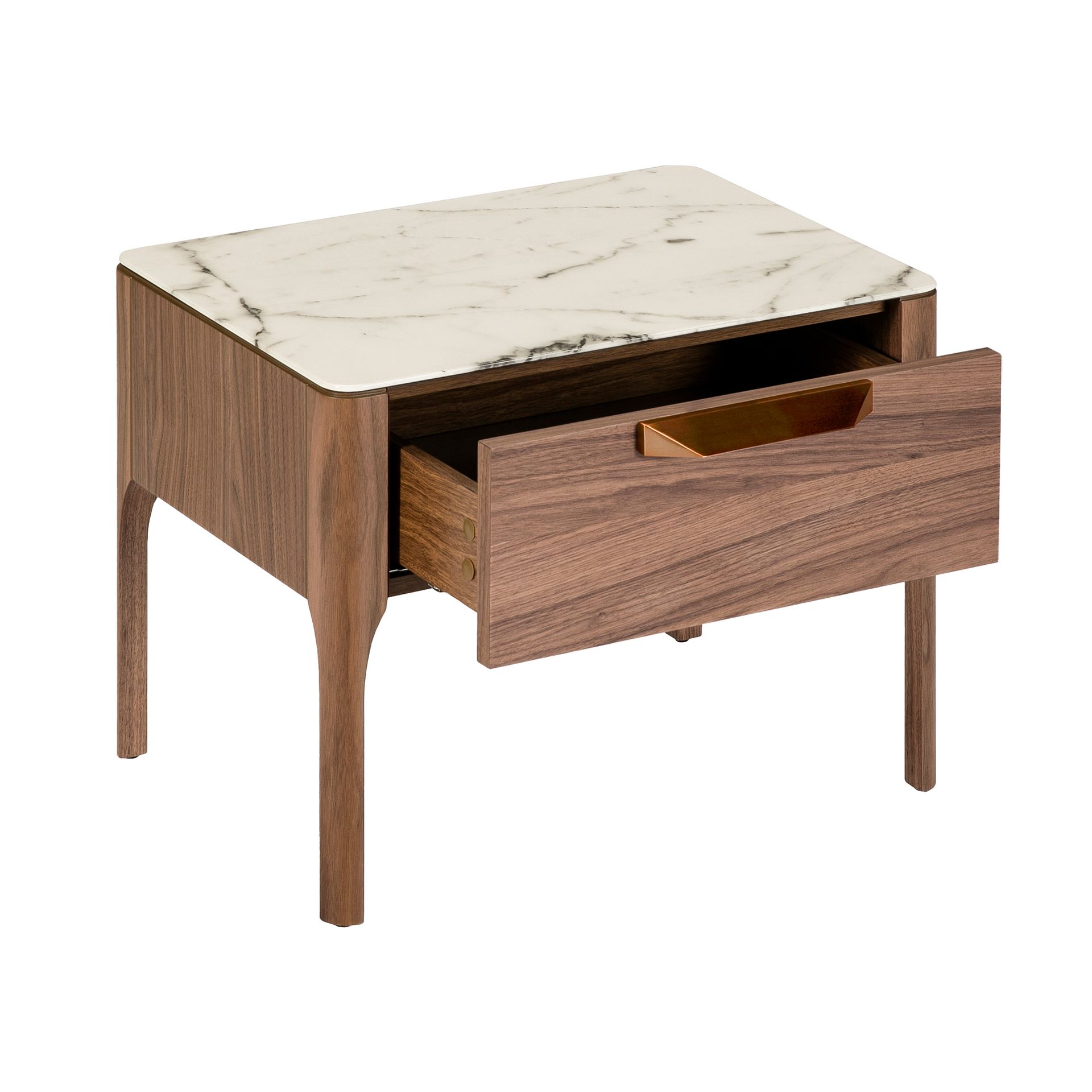 Walnut bedside table with imitation marble glass top and interior lighting