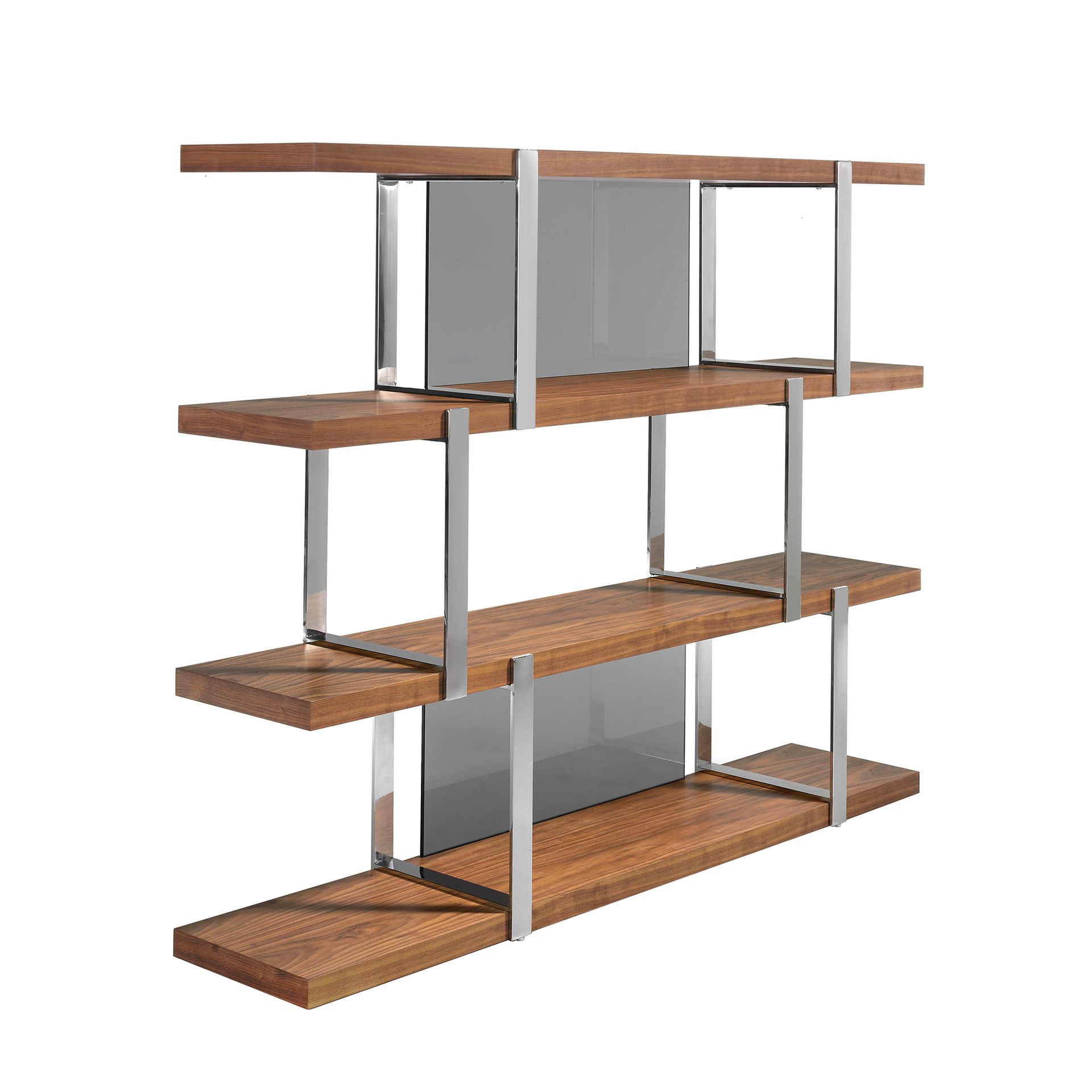 Walnut bookcase with black glass dividers