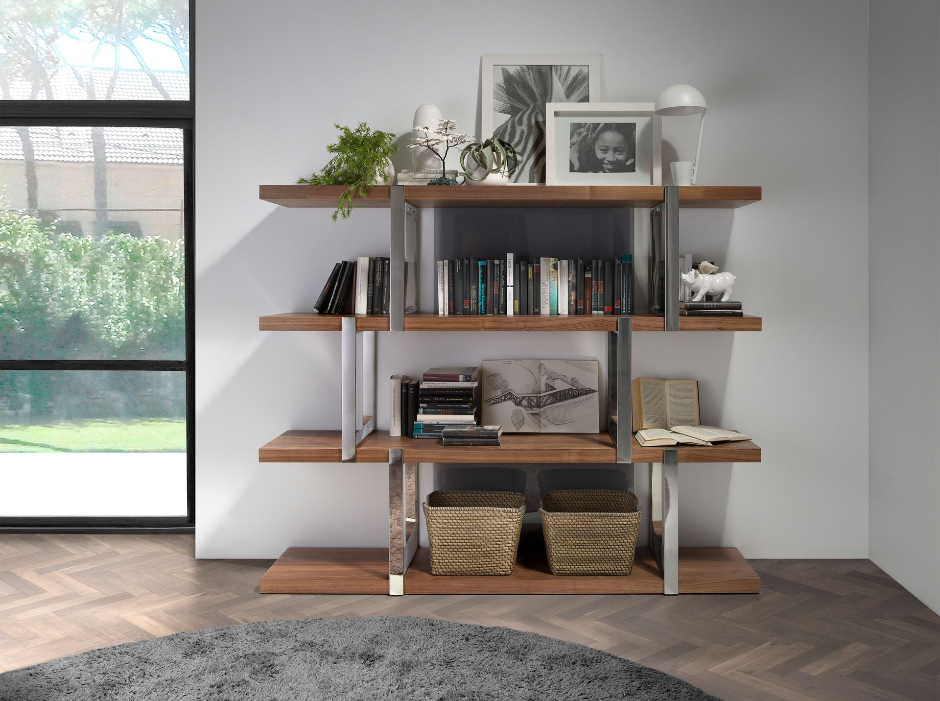 Walnut bookcase with black glass dividers