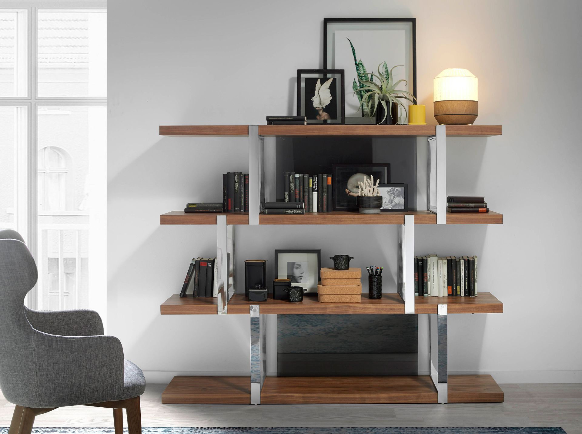 Walnut bookcase with black glass dividers