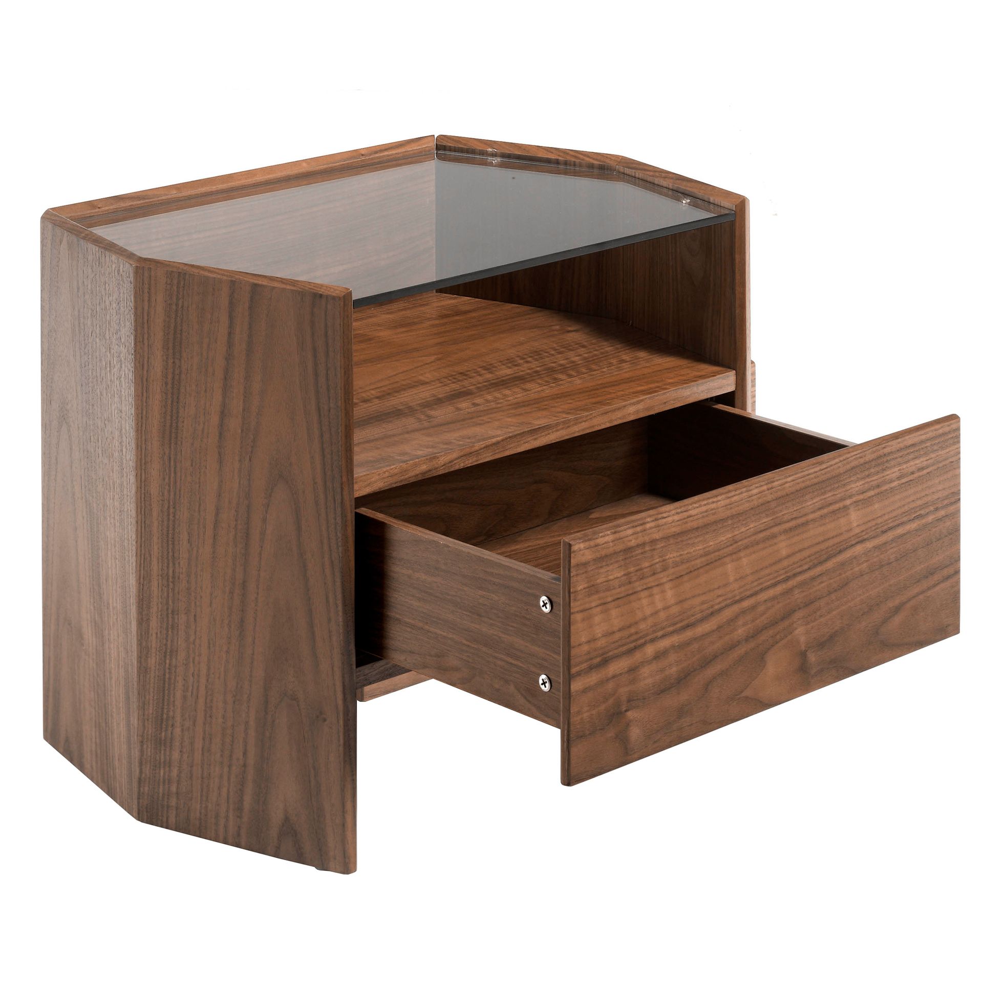 Walnut bedside table with tempered glass top