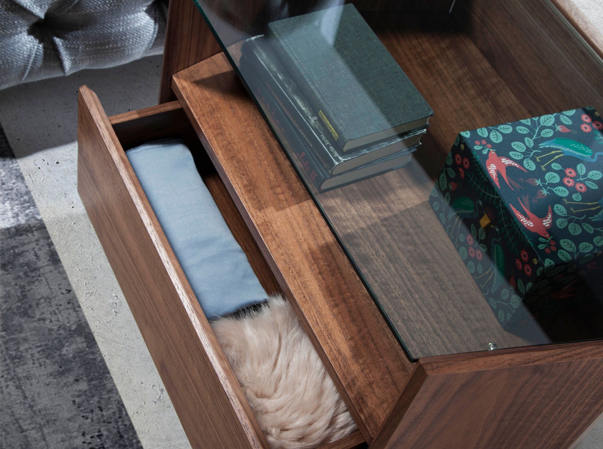 Walnut bedside table with tempered glass top