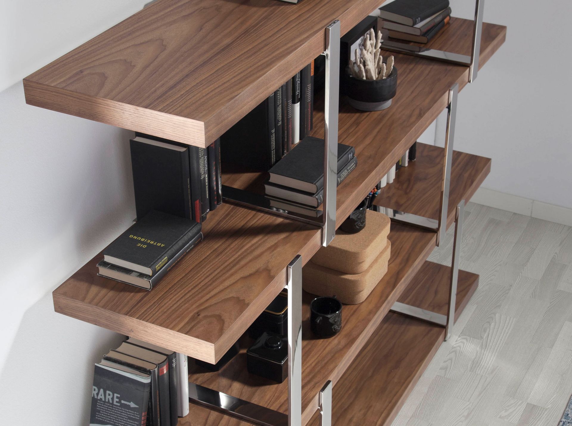 Walnut bookcase with black glass dividers