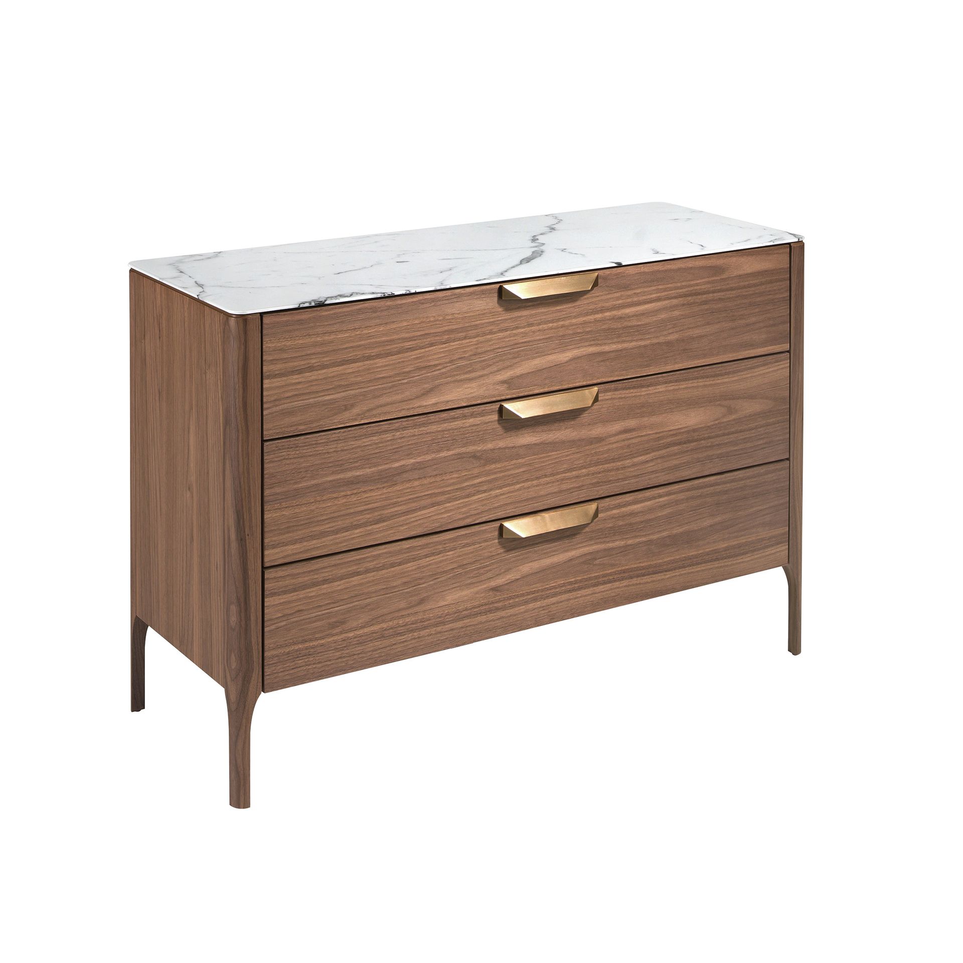 Walnut chest of drawers with marble-effect glass top