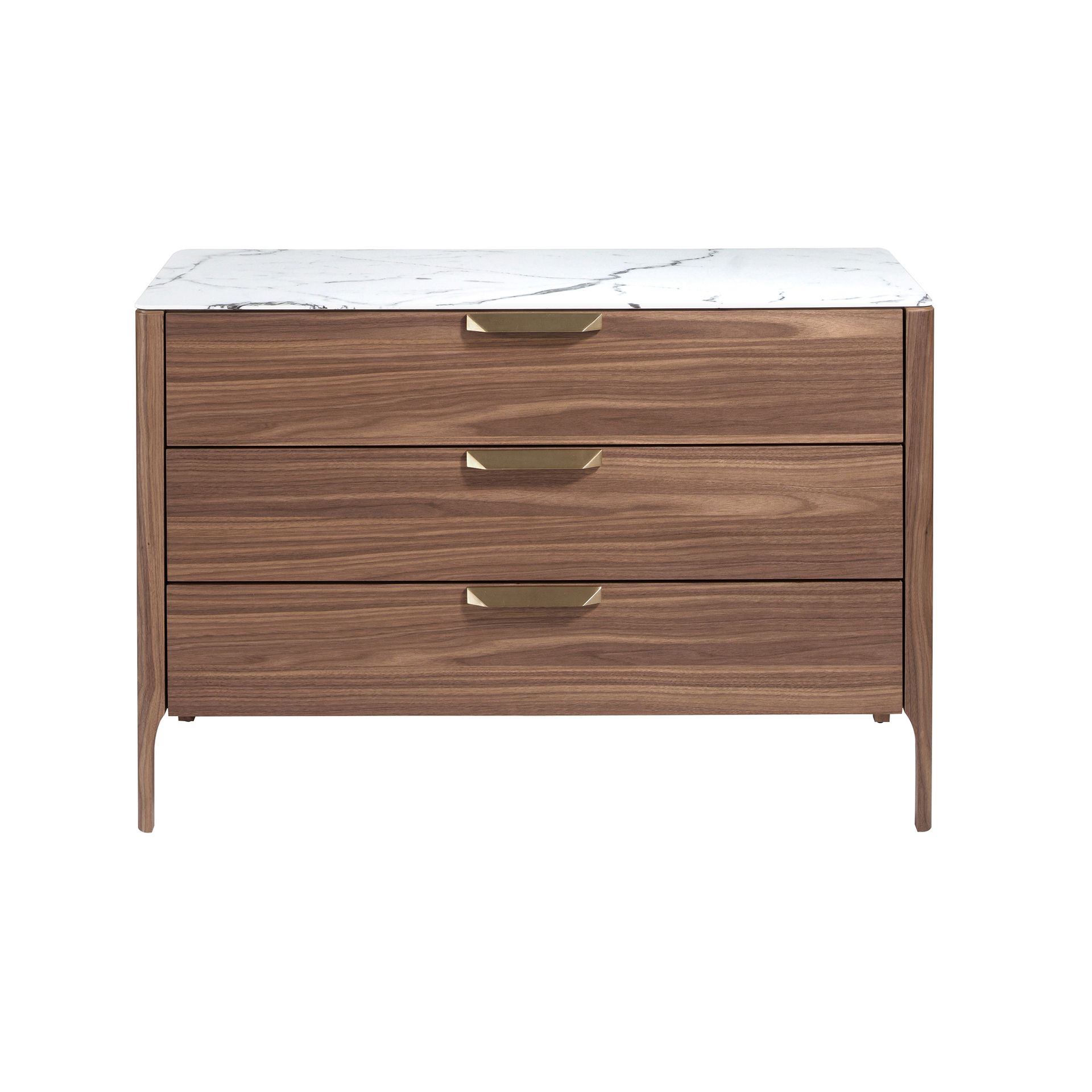 Walnut chest of drawers with marble-effect glass top