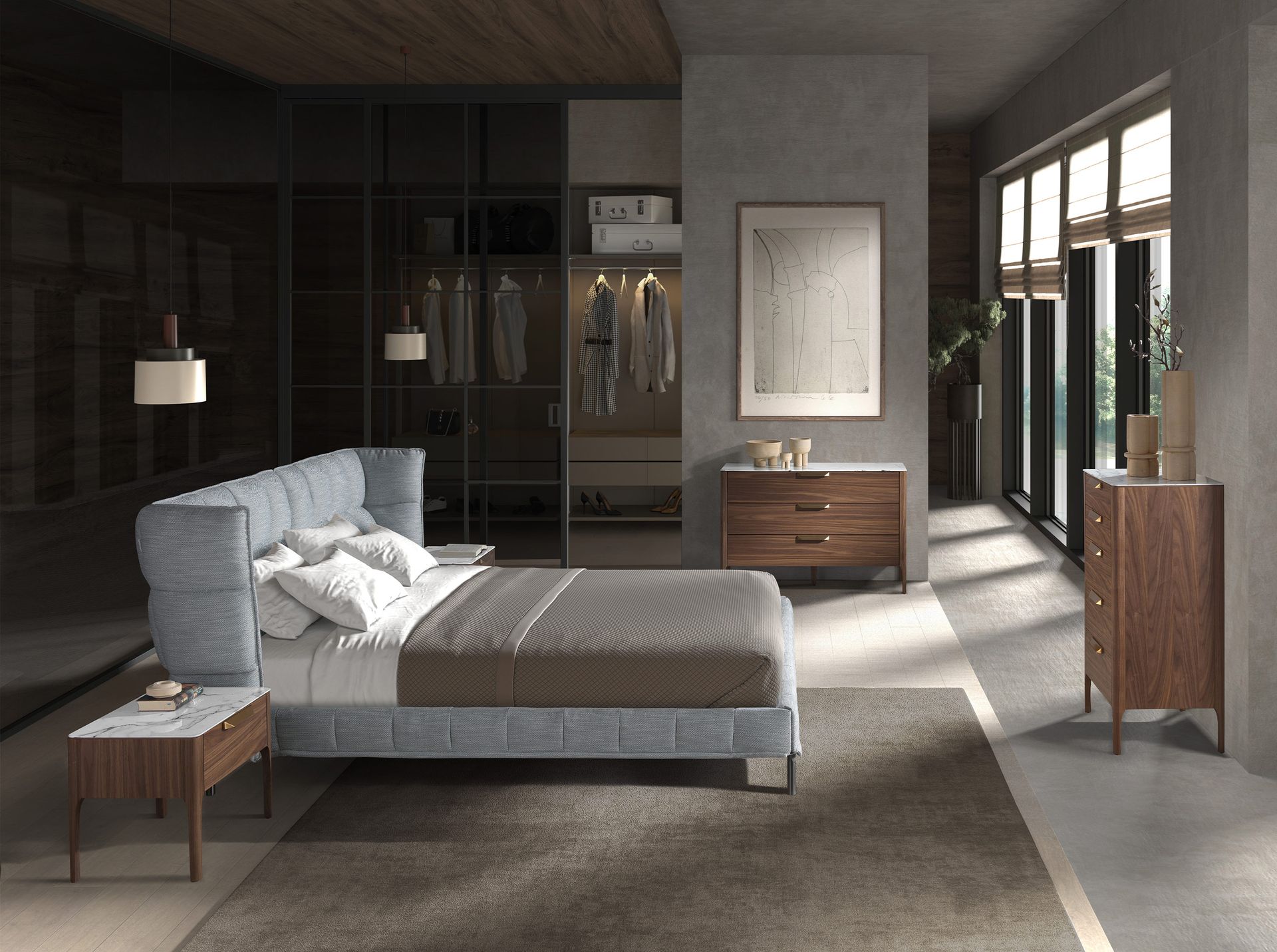 Walnut chest of drawers with marble-effect glass top