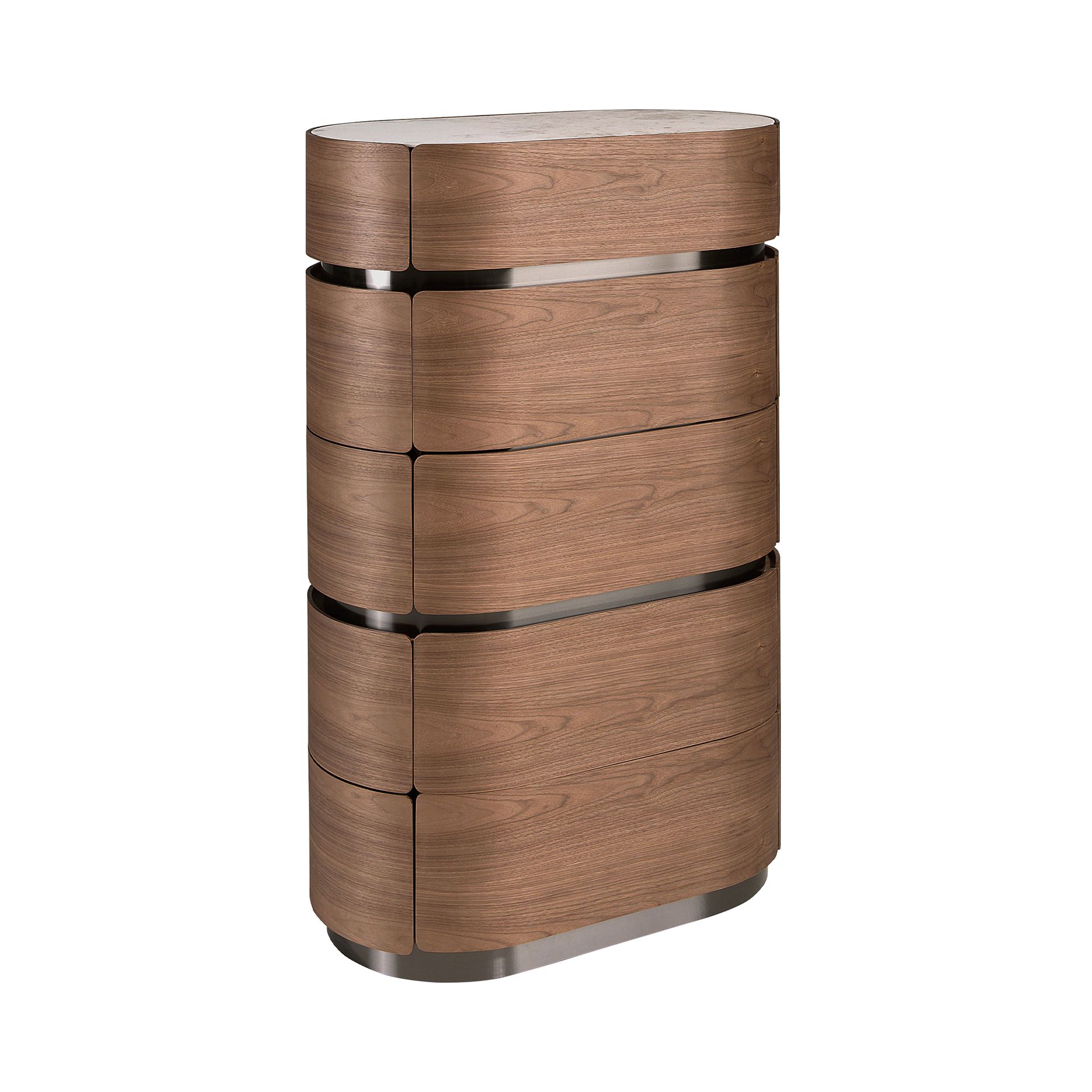 Walnut chiffonier with darkened steel base and porcelain marble top