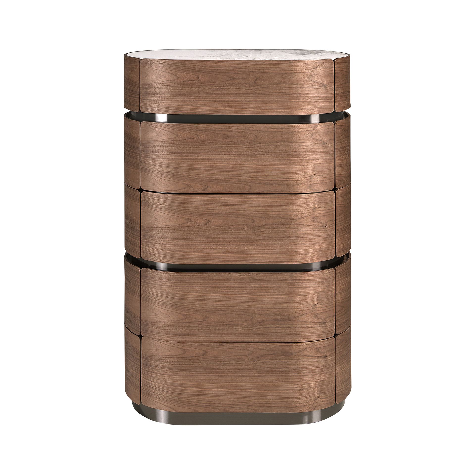 Walnut chiffonier with darkened steel base and porcelain marble top