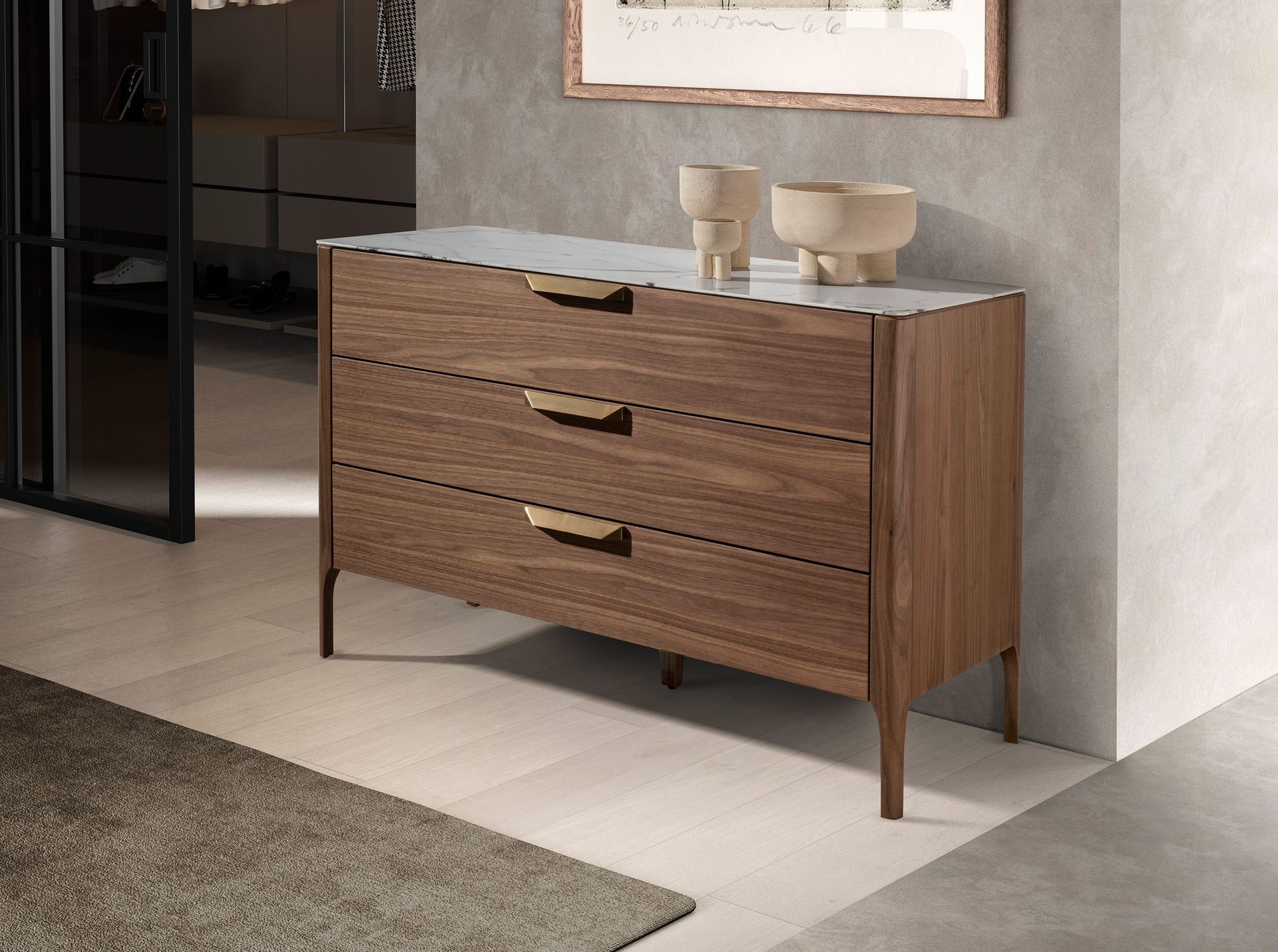 Walnut chest of drawers with marble-effect glass top