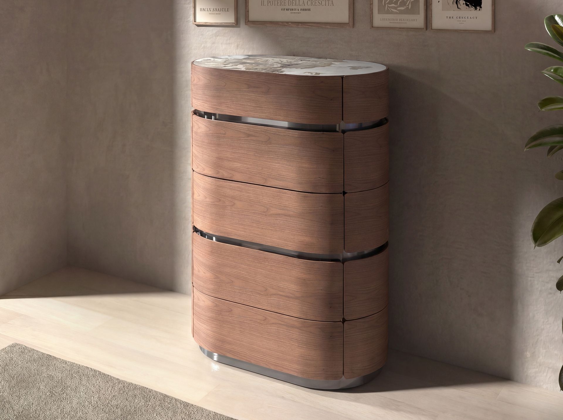Walnut chiffonier with darkened steel base and porcelain marble top