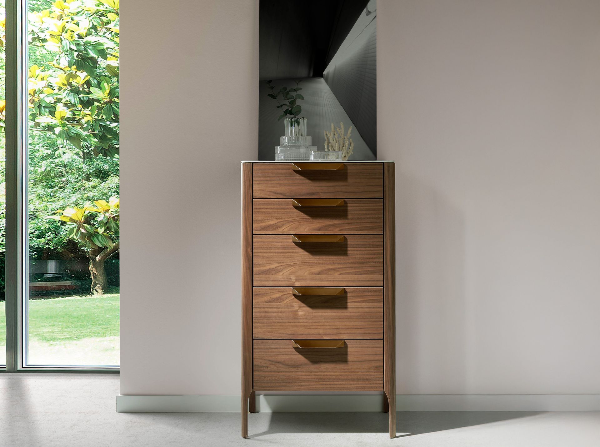Walnut chiffonier with marble-look glass top
