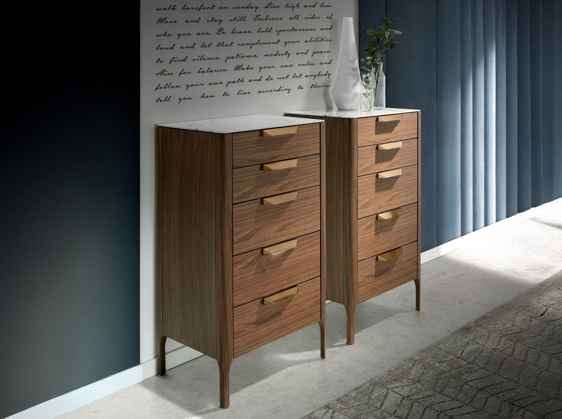 Walnut chiffonier with marble-look glass top
