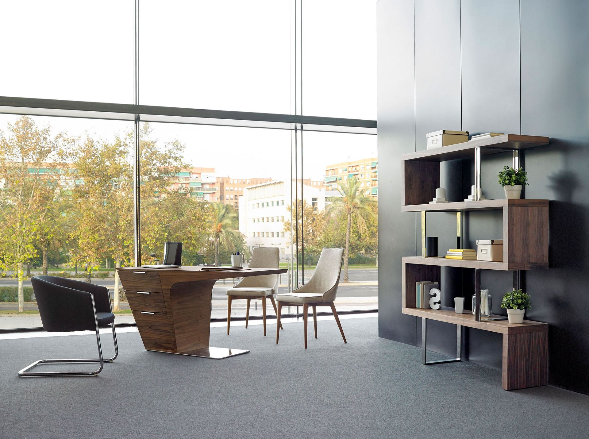 Walnut desk with chrome-plated steel base