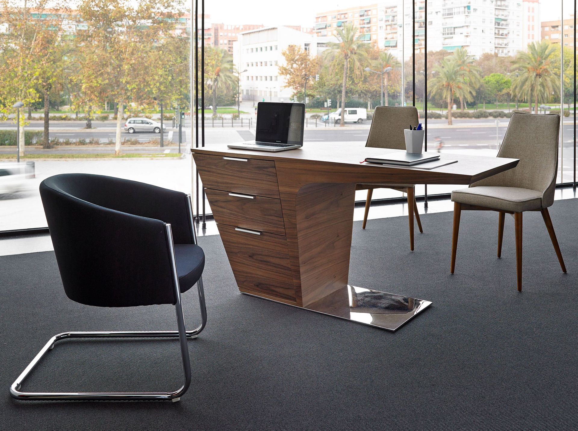 Walnut desk with chrome-plated steel base