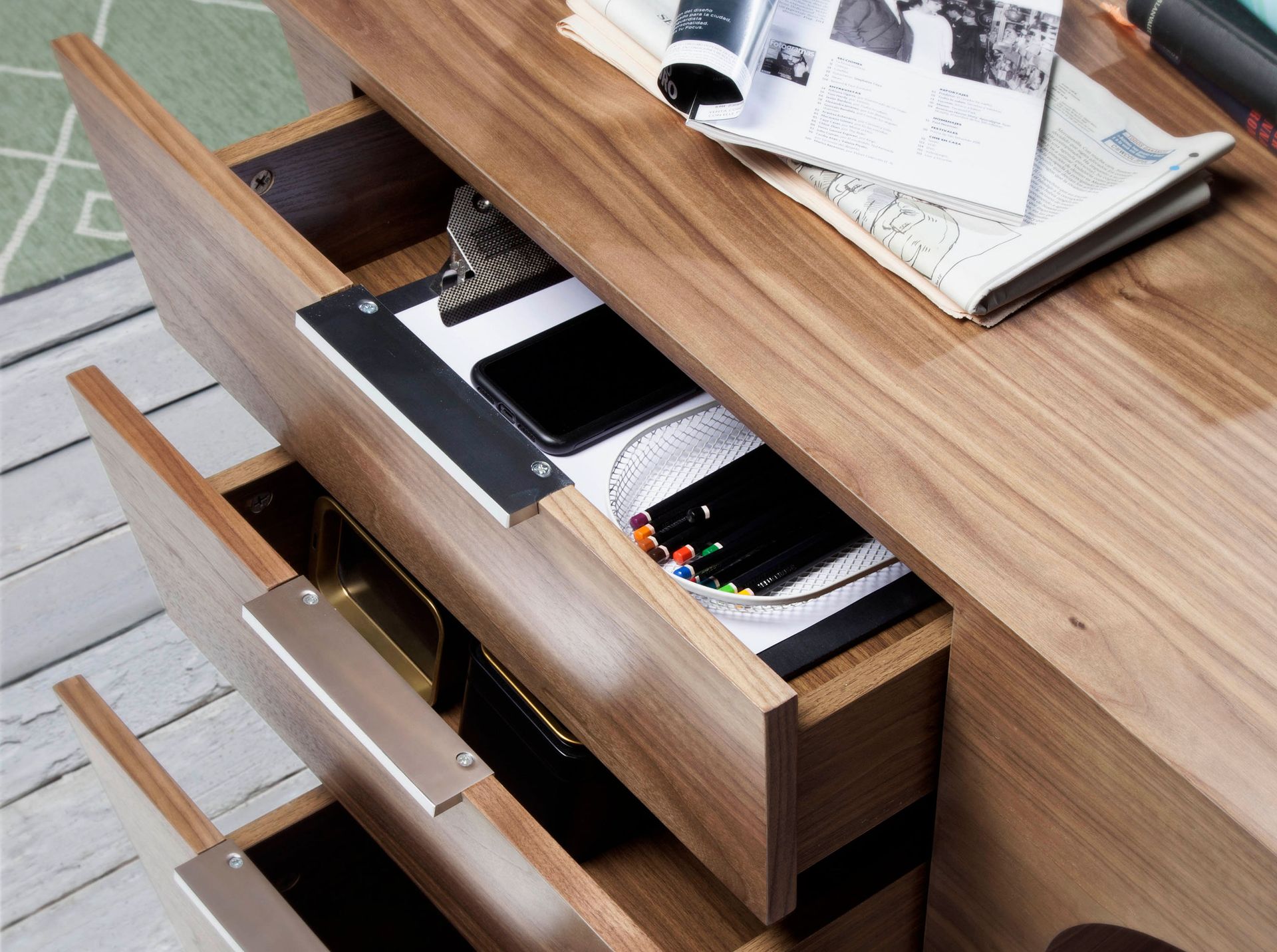 Walnut desk with chrome-plated steel base