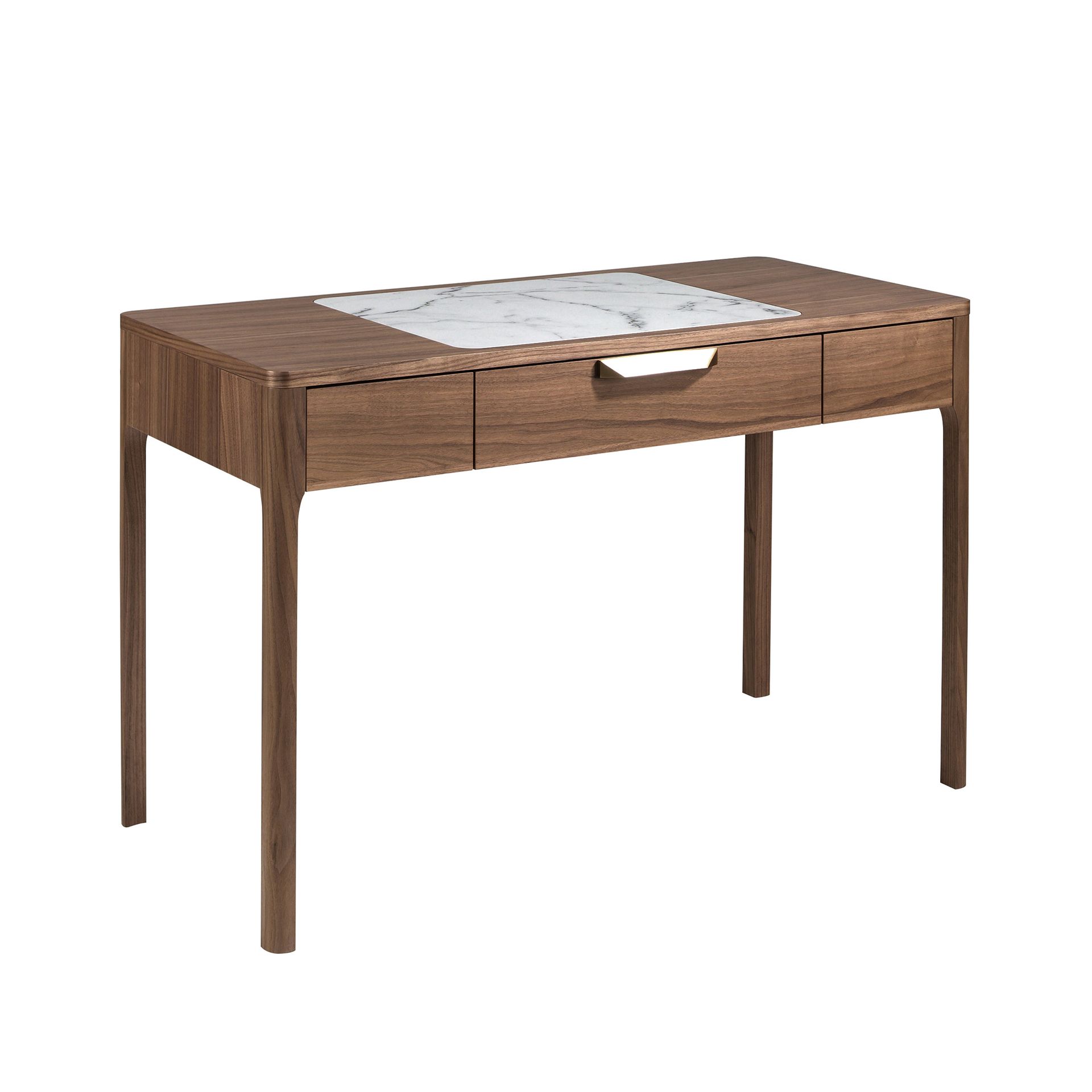Walnut dressing table with white and glossy grey marble-look glass top