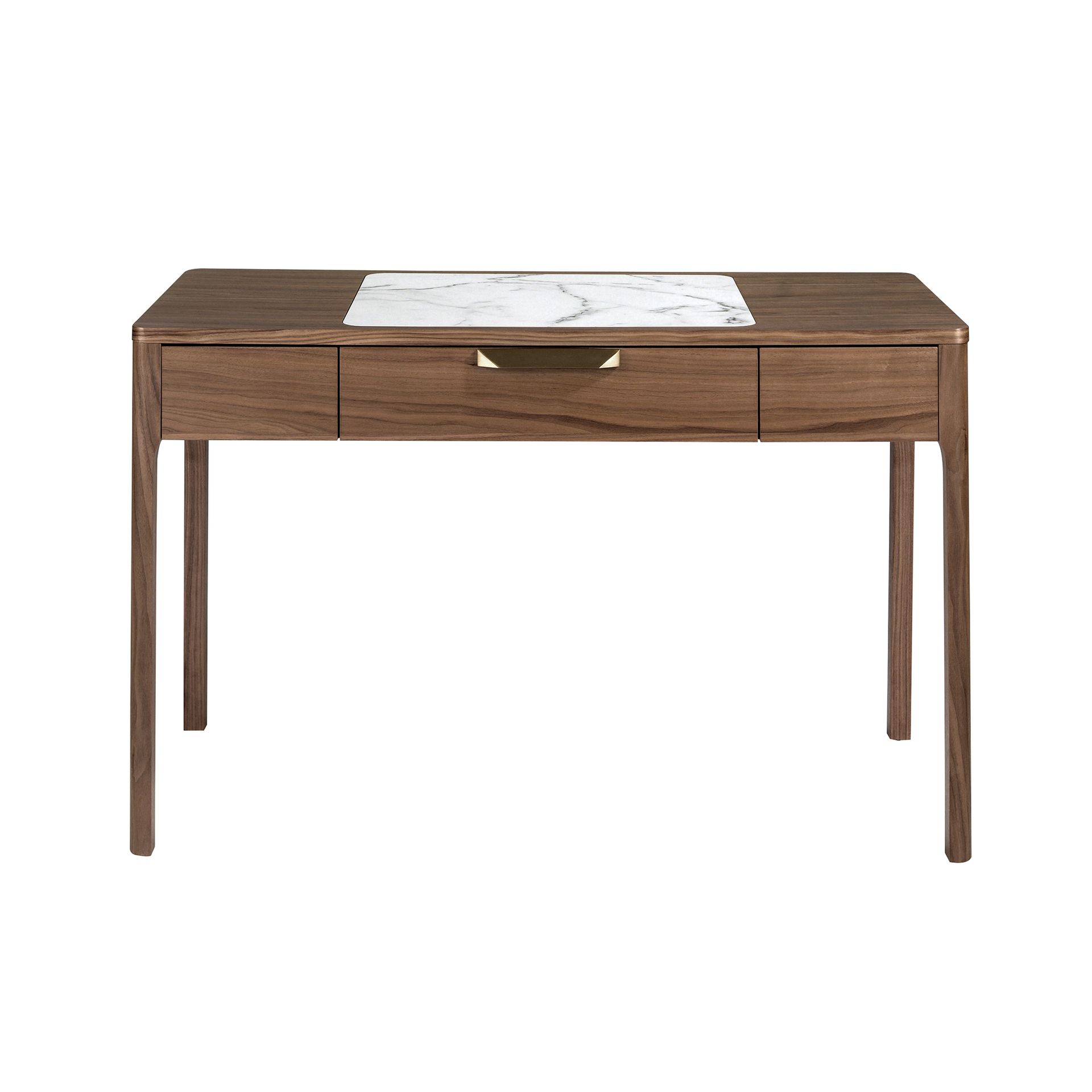 Walnut dressing table with white and glossy grey marble-look glass top