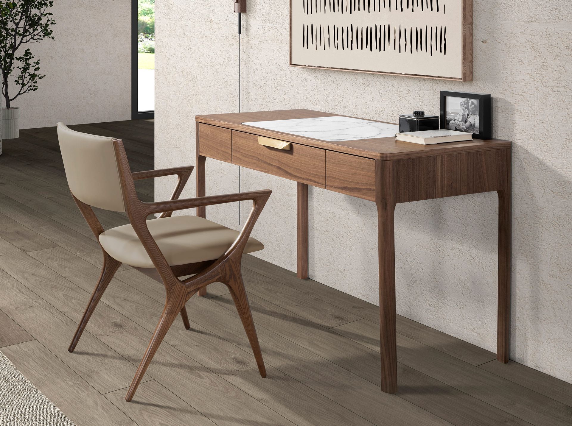 Walnut dressing table with white and glossy grey marble-look glass top