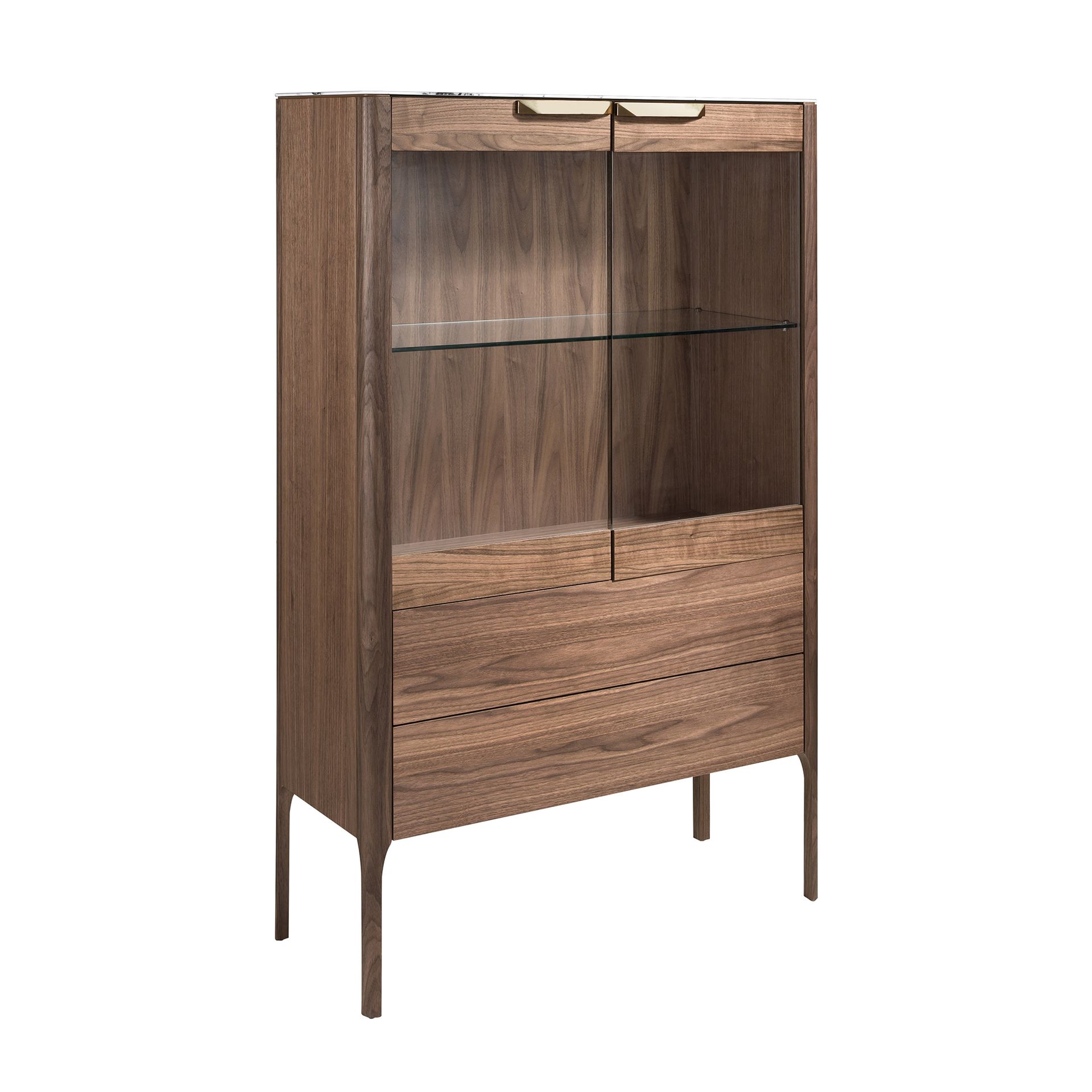 Walnut high sideboard with imitation marble glass top and interior lighting