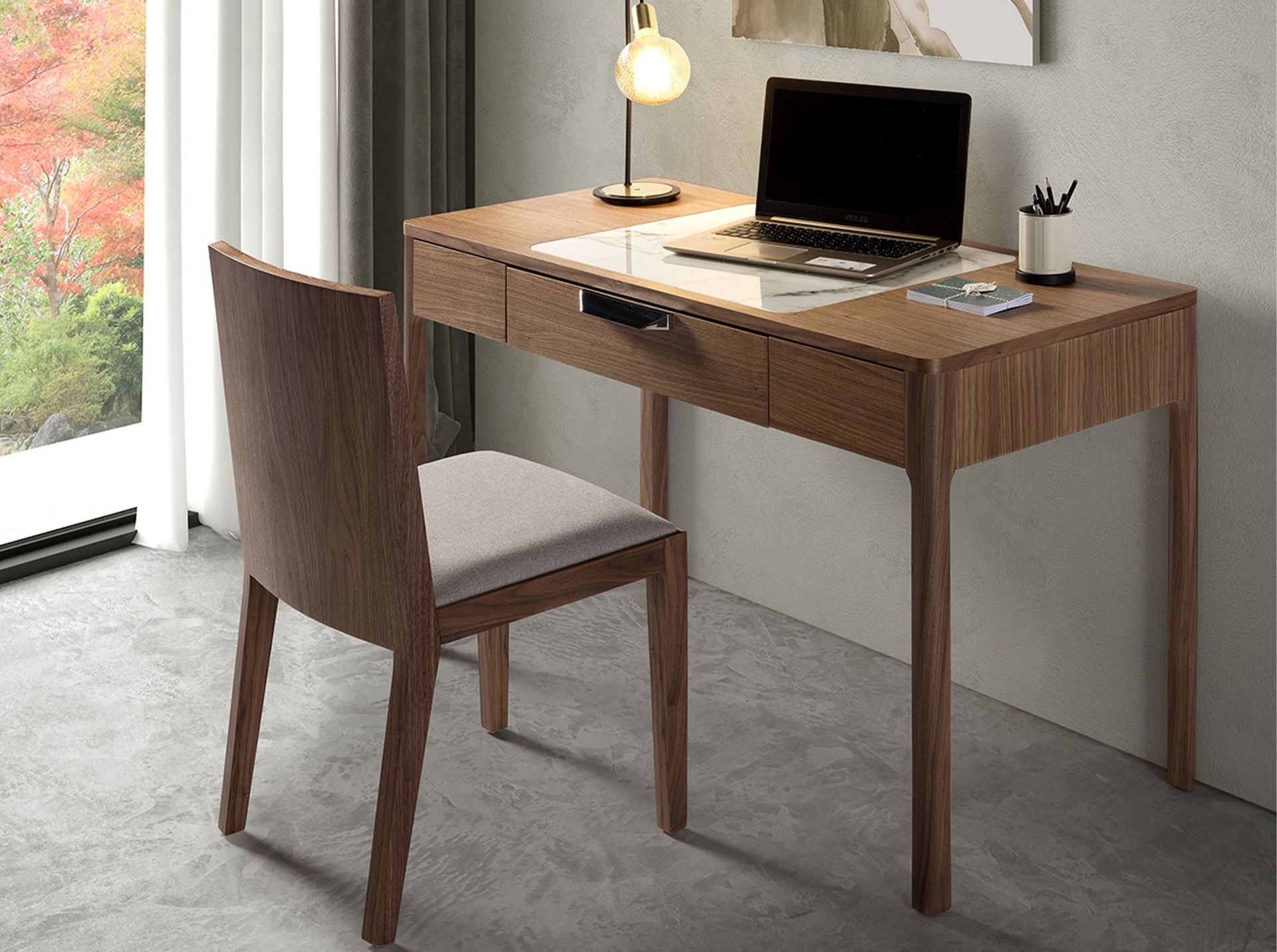 Walnut dressing table with white and glossy grey marble-look glass top