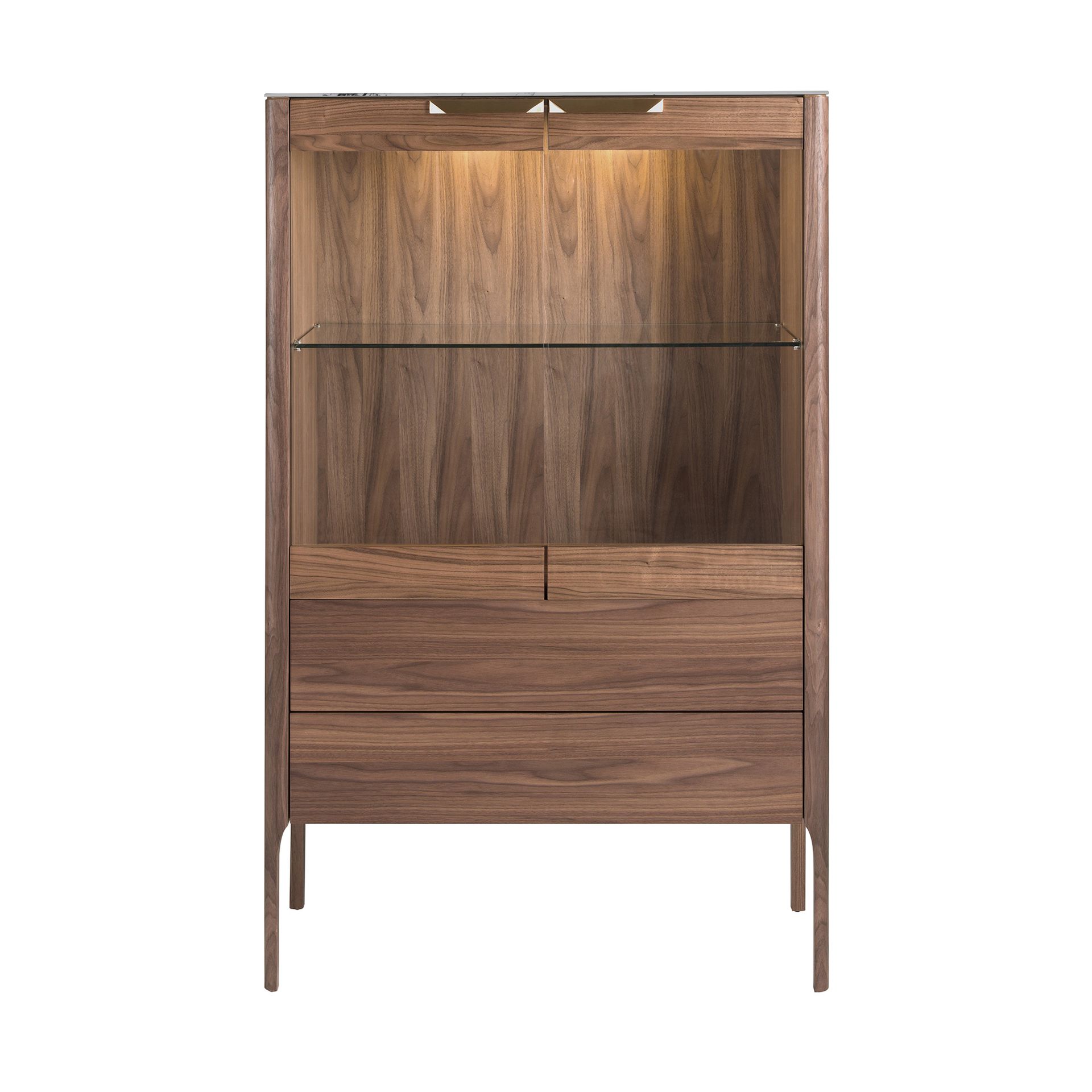 Walnut high sideboard with imitation marble glass top and interior lighting