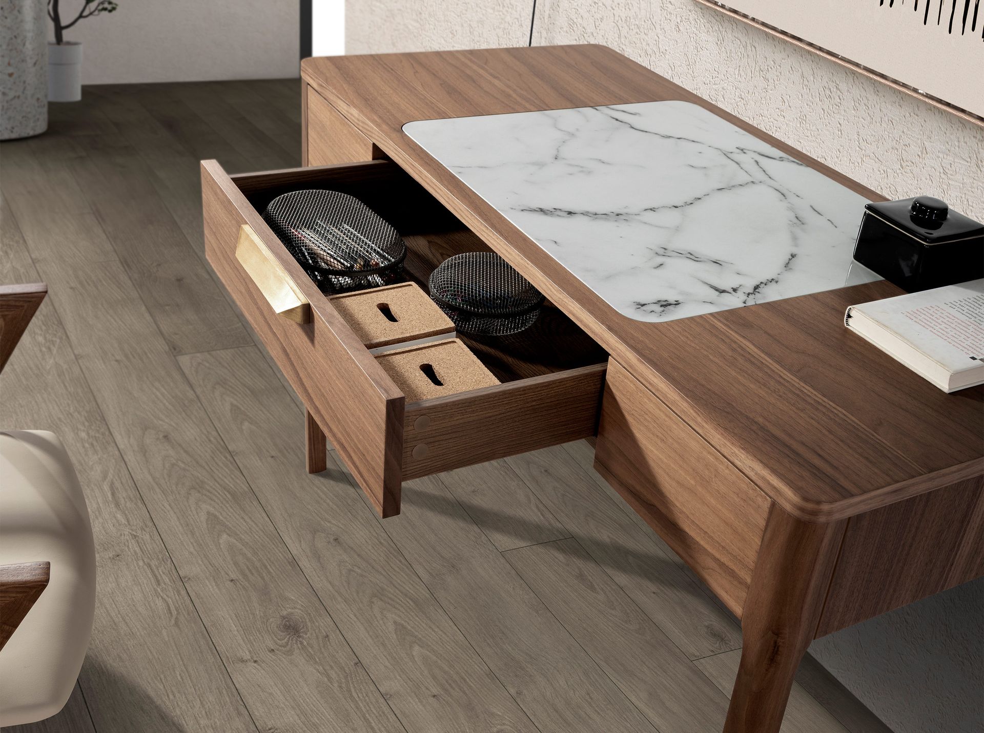 Walnut dressing table with white and glossy grey marble-look glass top