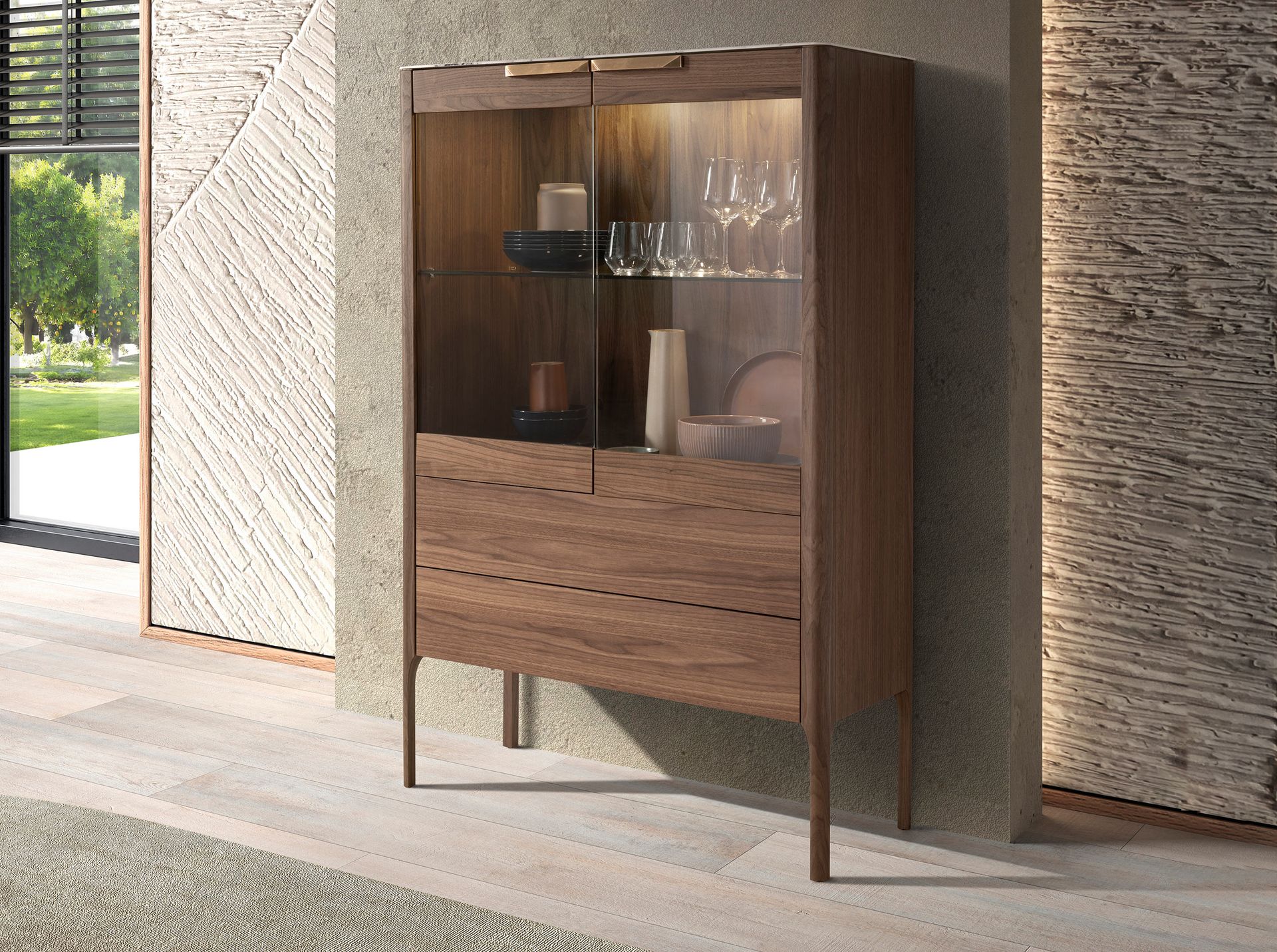 Walnut high sideboard with imitation marble glass top and interior lighting