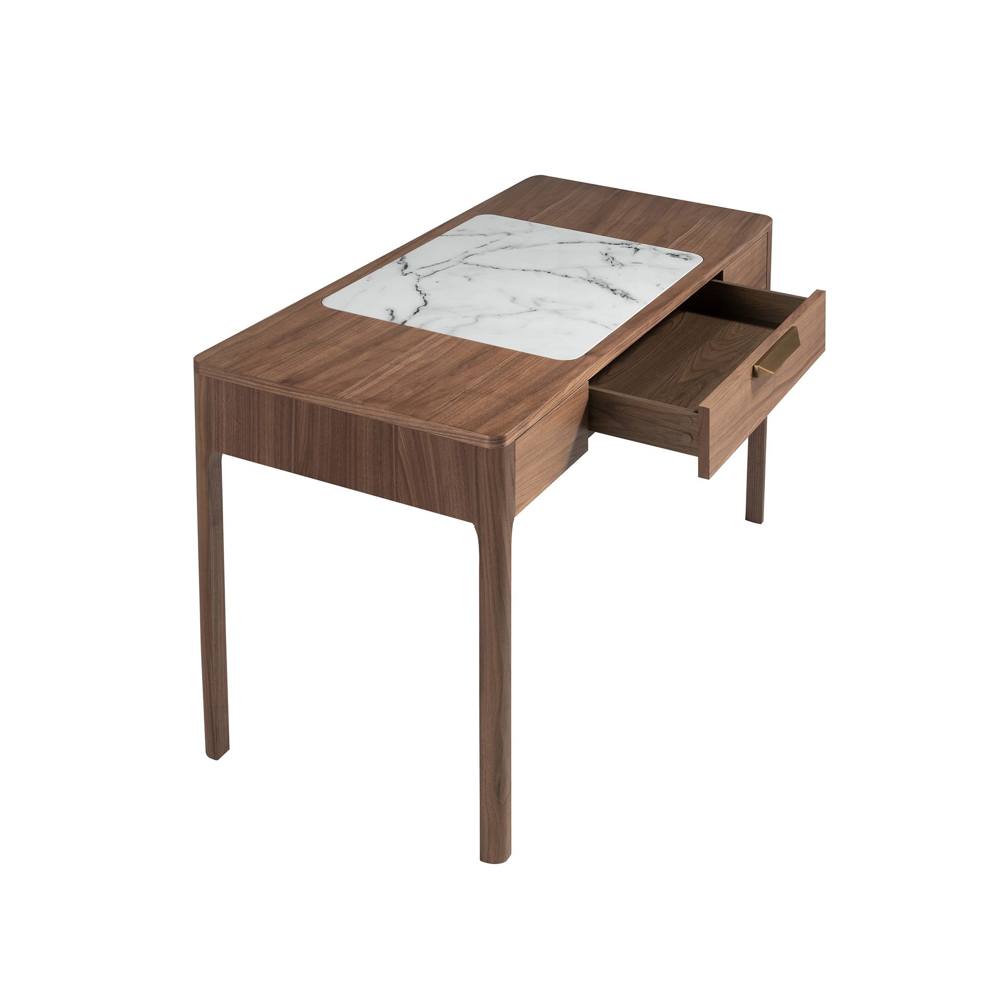 Walnut dressing table with white and glossy grey marble-look glass top