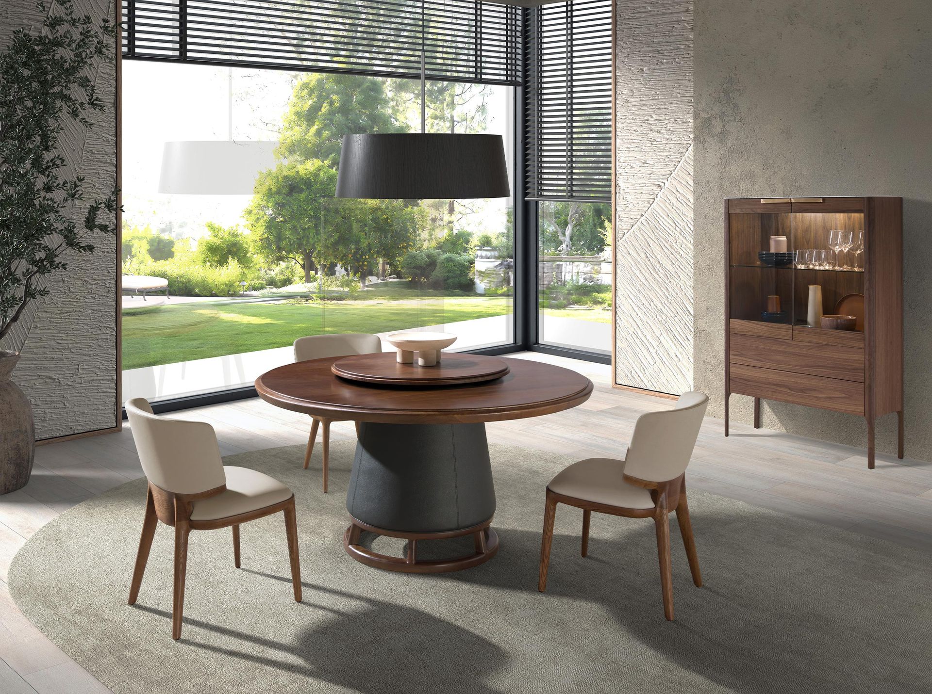 Walnut high sideboard with imitation marble glass top and interior lighting