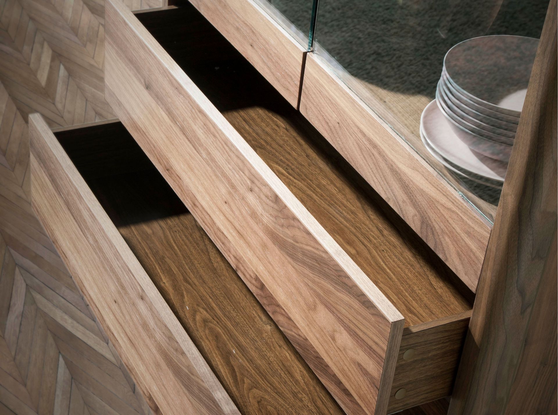 Walnut high sideboard with imitation marble glass top and interior lighting