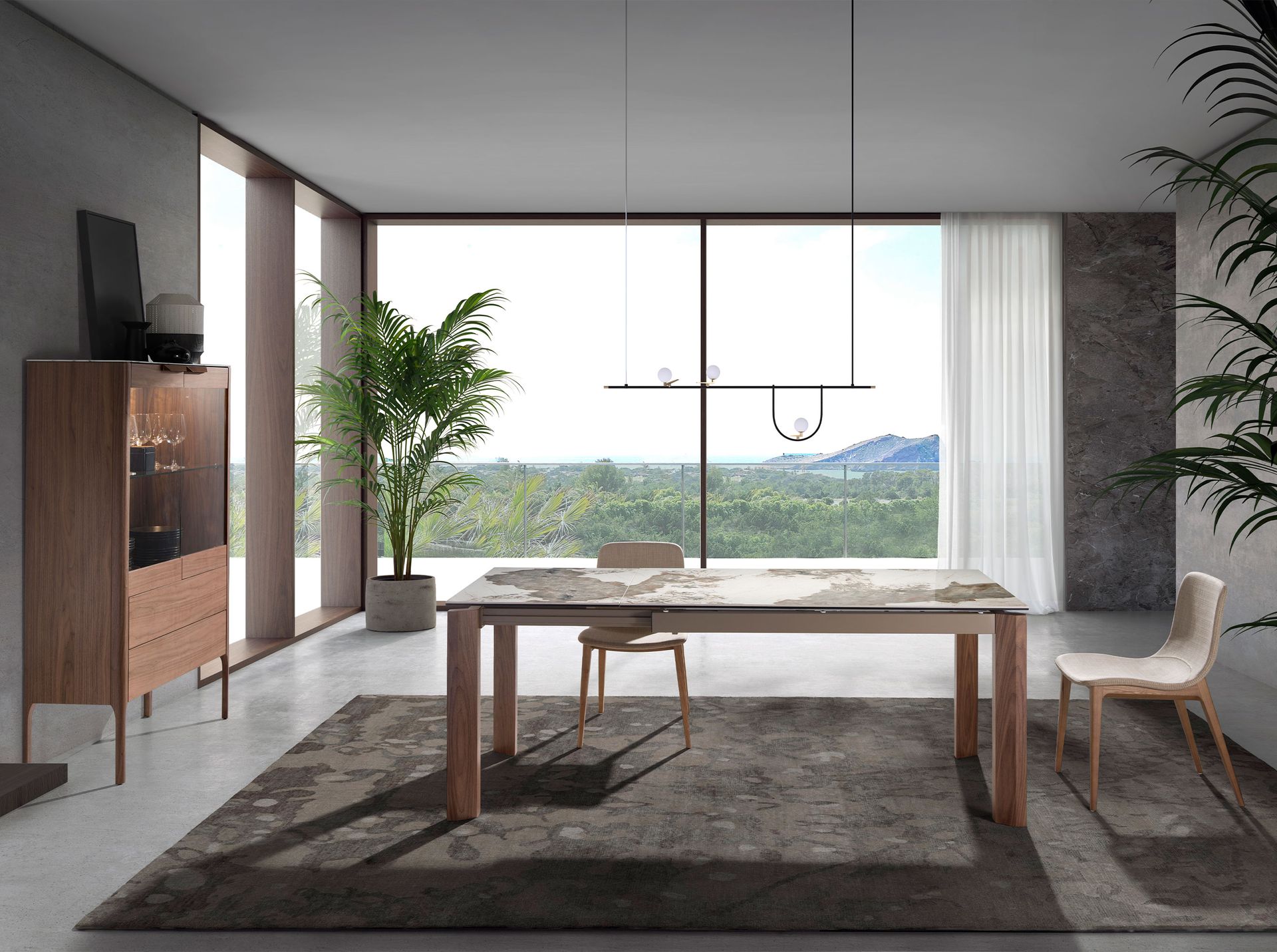 Walnut high sideboard with imitation marble glass top and interior lighting
